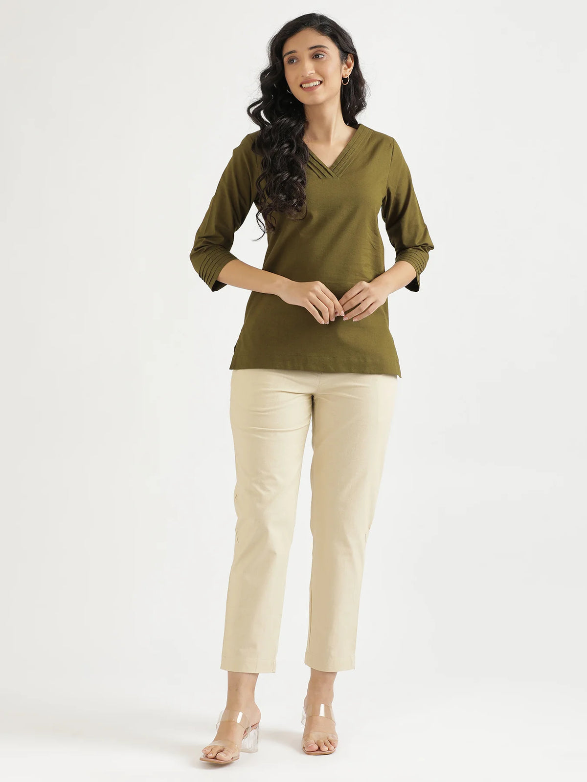 Women Olive Green Airy Linen V-Neck Short Kurta