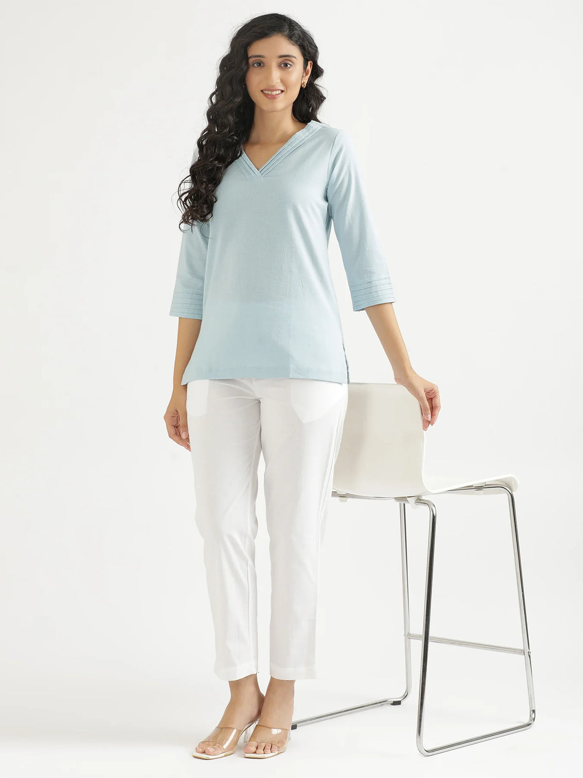 Women Sky Blue Airy Linen V-Neck Short Kurta