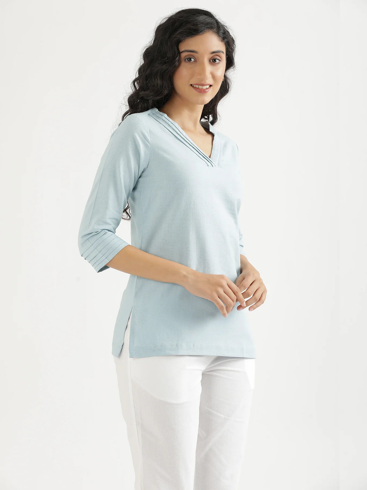Women Sky Blue Airy Linen V-Neck Short Kurta