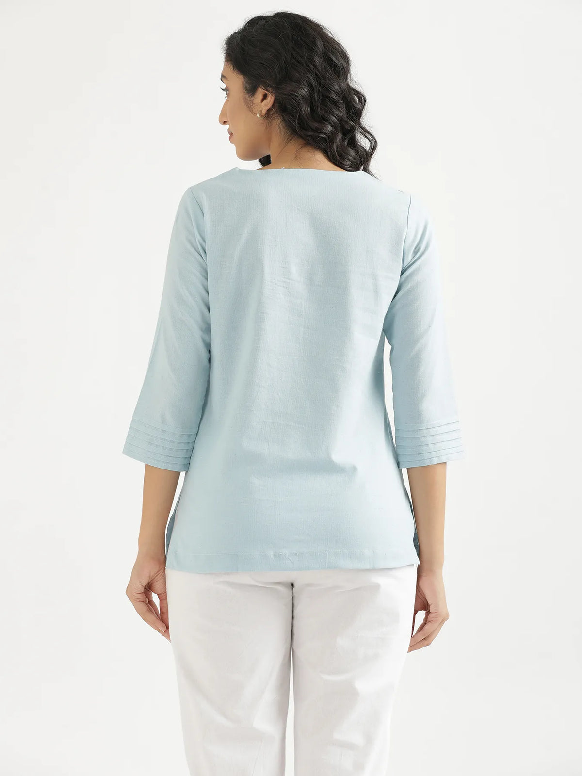 Women Sky Blue Airy Linen V-Neck Short Kurta