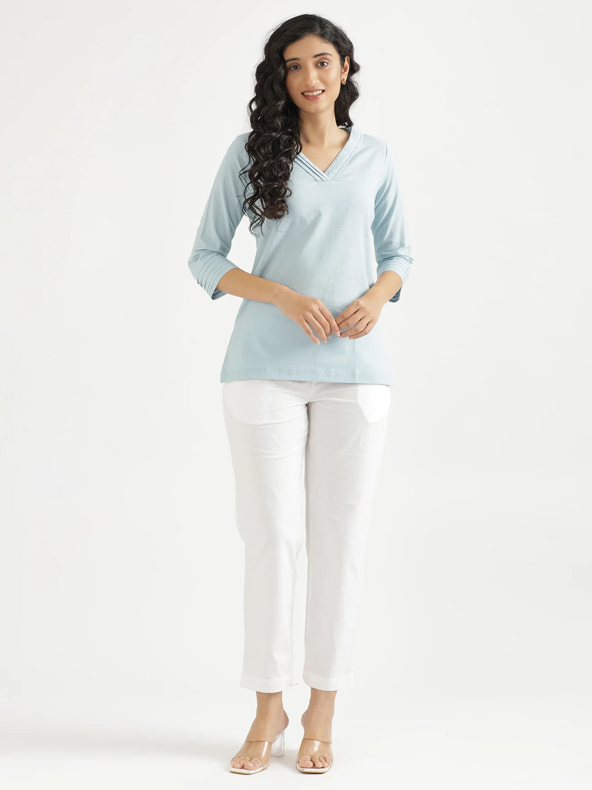 Women Sky Blue Airy Linen V-Neck Short Kurta