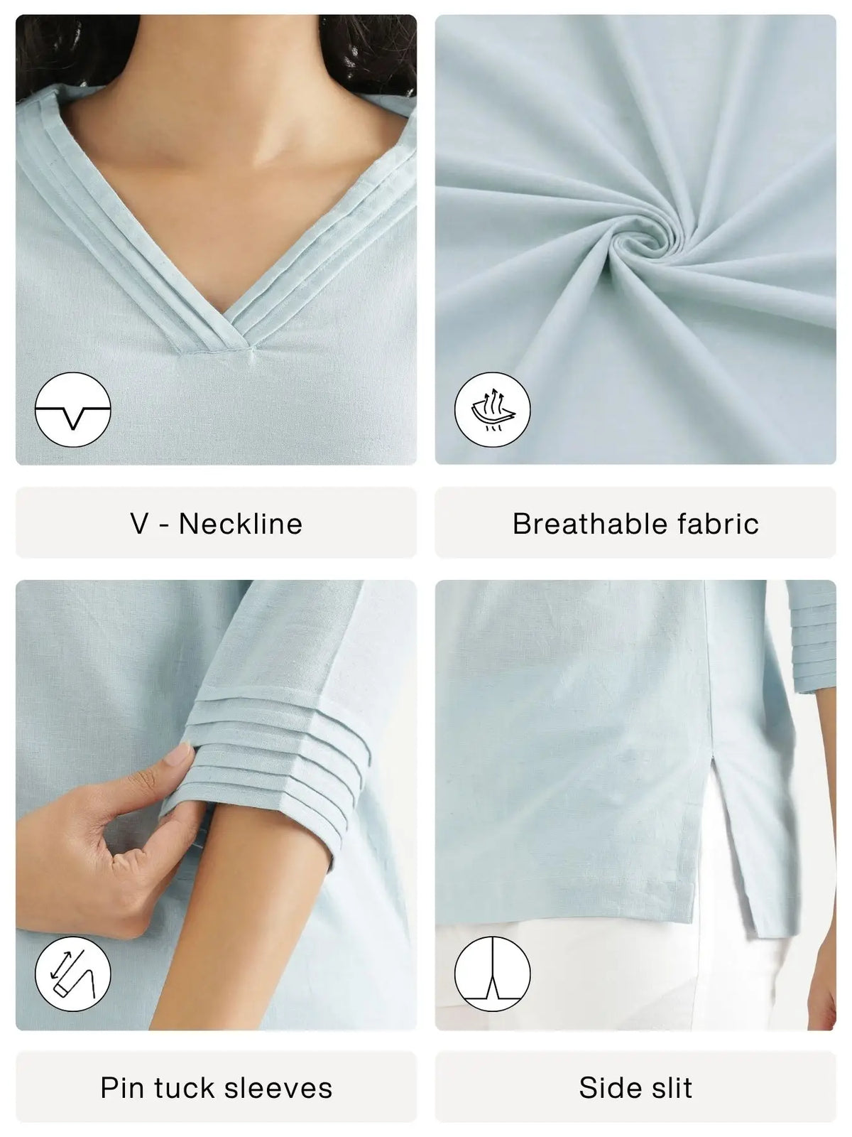 Women Sky Blue Airy Linen V-Neck Short Kurta