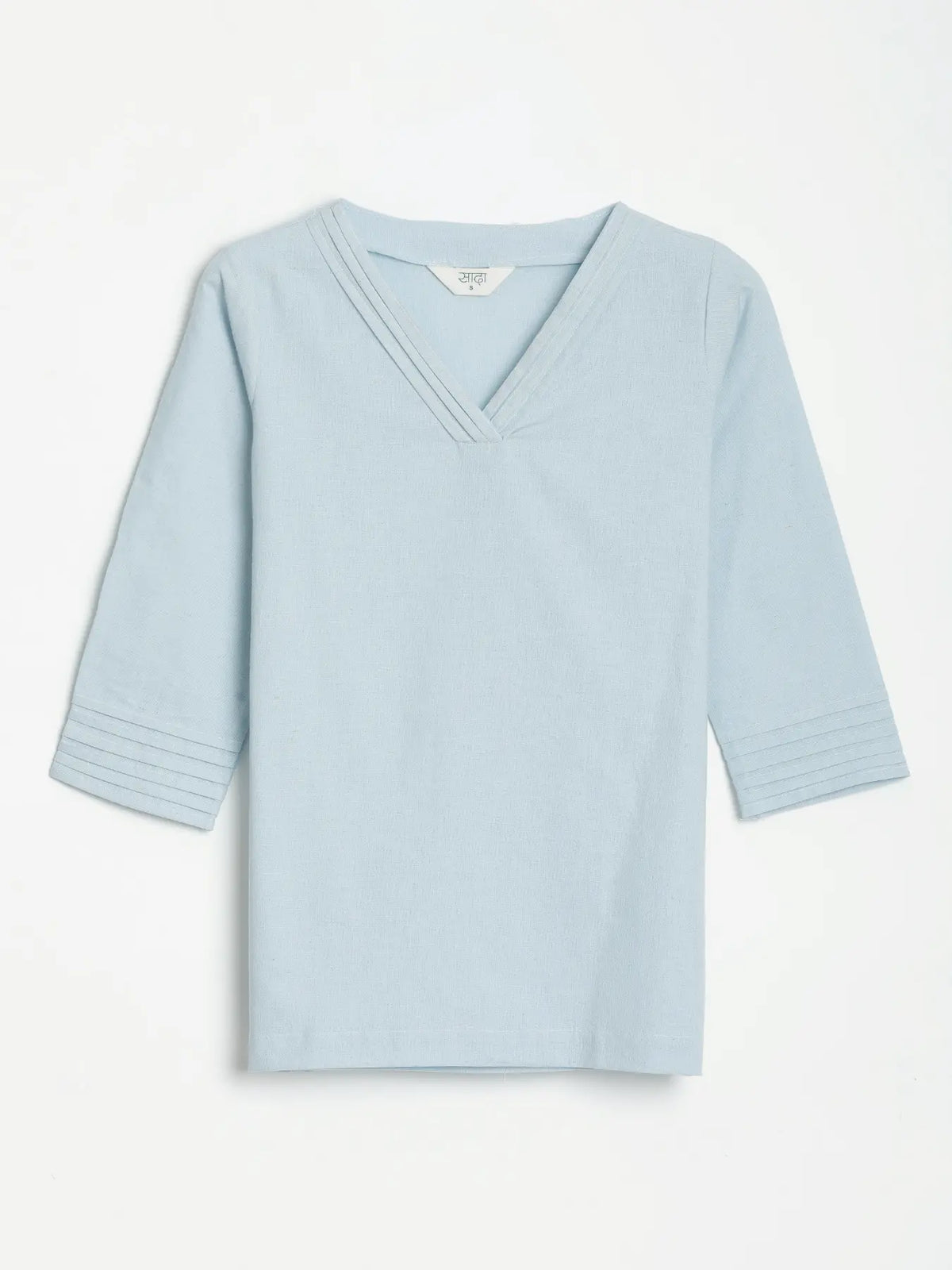 Women Sky Blue Airy Linen V-Neck Short Kurta