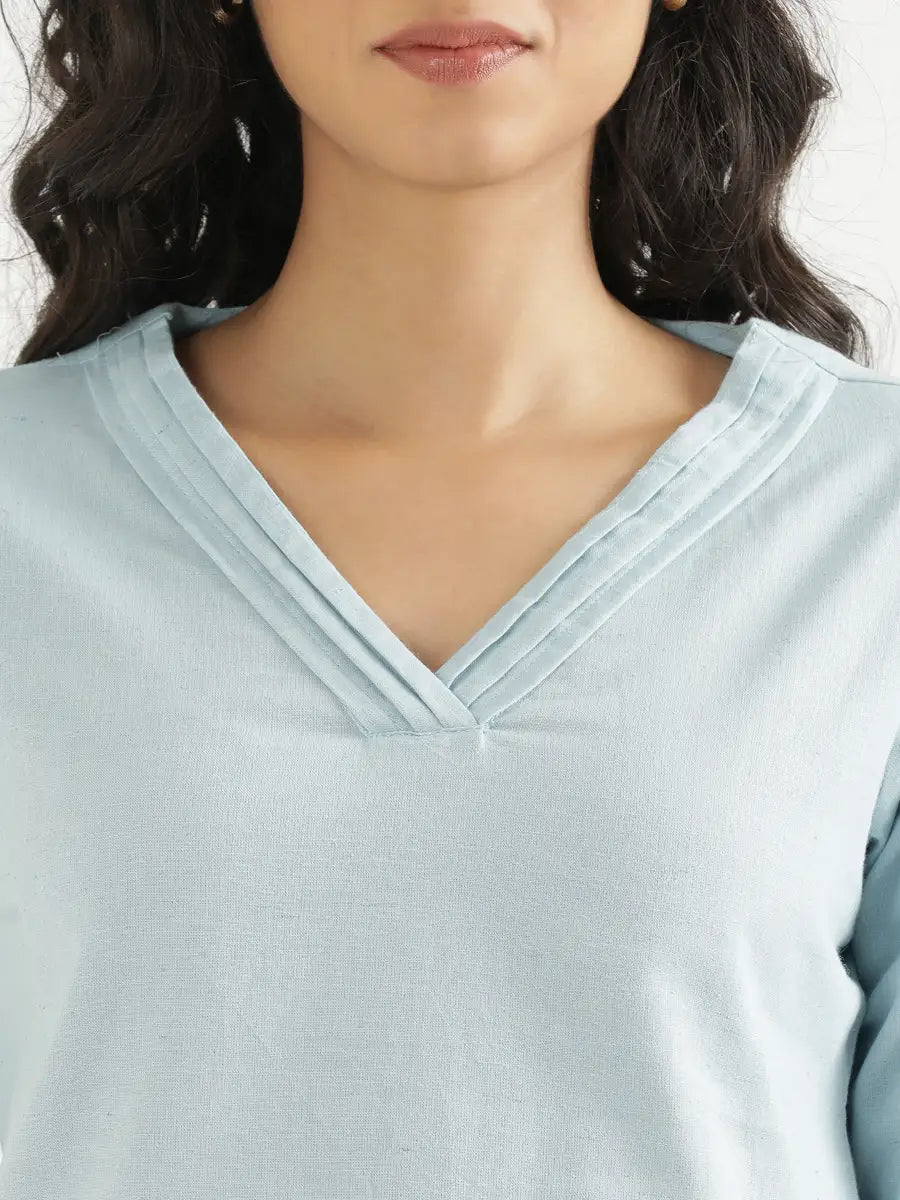 Women Sky Blue Airy Linen V-Neck Short Kurta