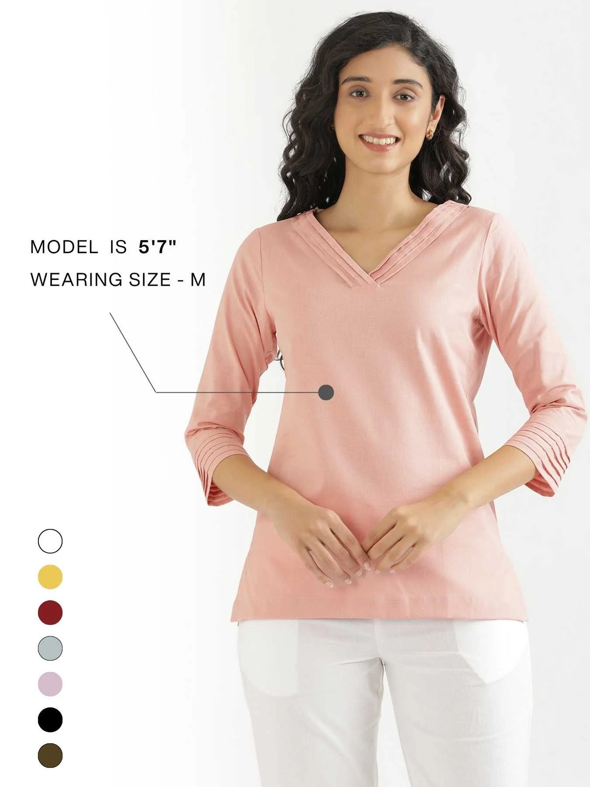 Women Salmon Pink Airy Linen V-Neck Short Kurta