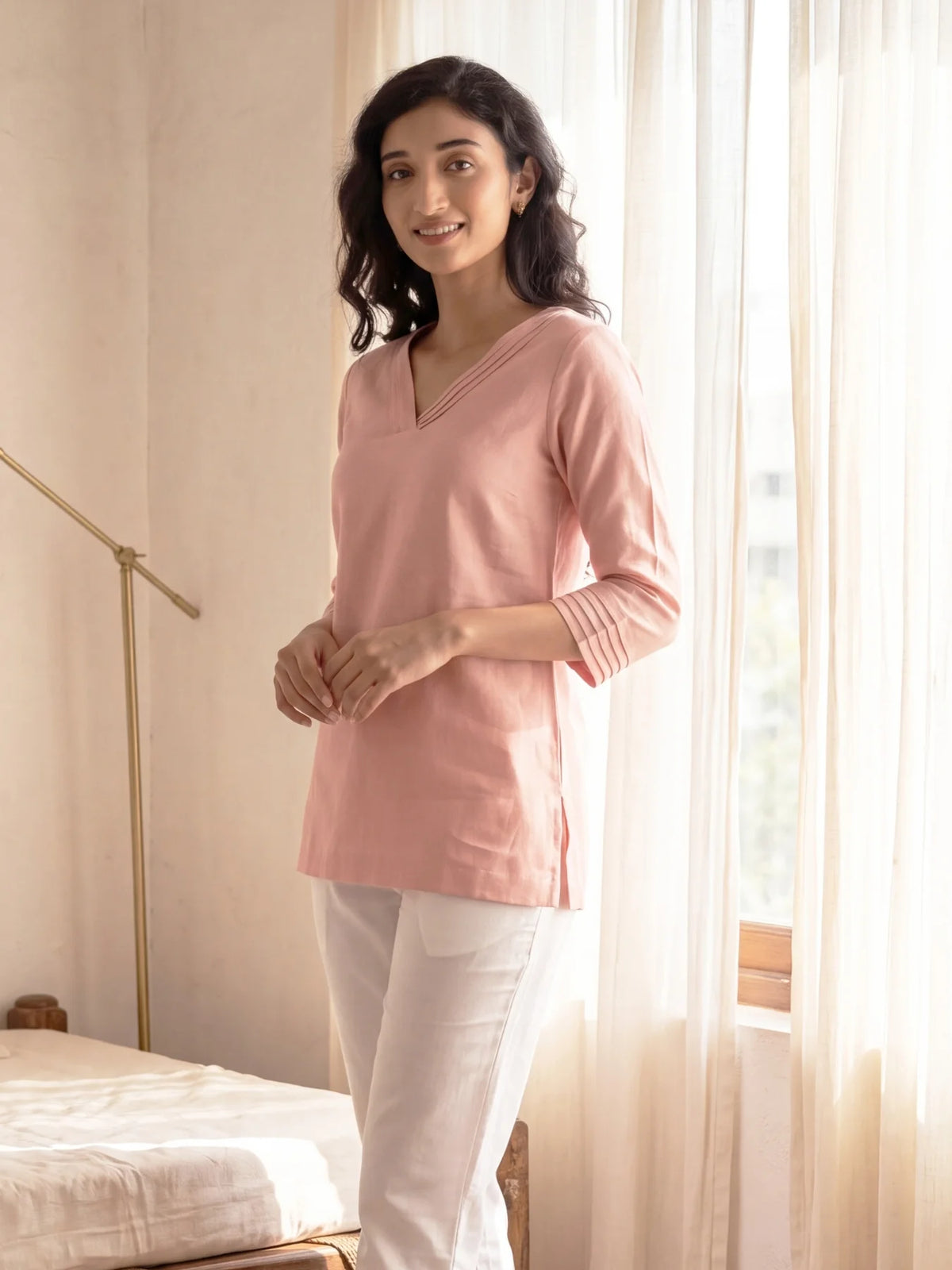 Women Salmon Pink Airy Linen V-Neck Short Kurta