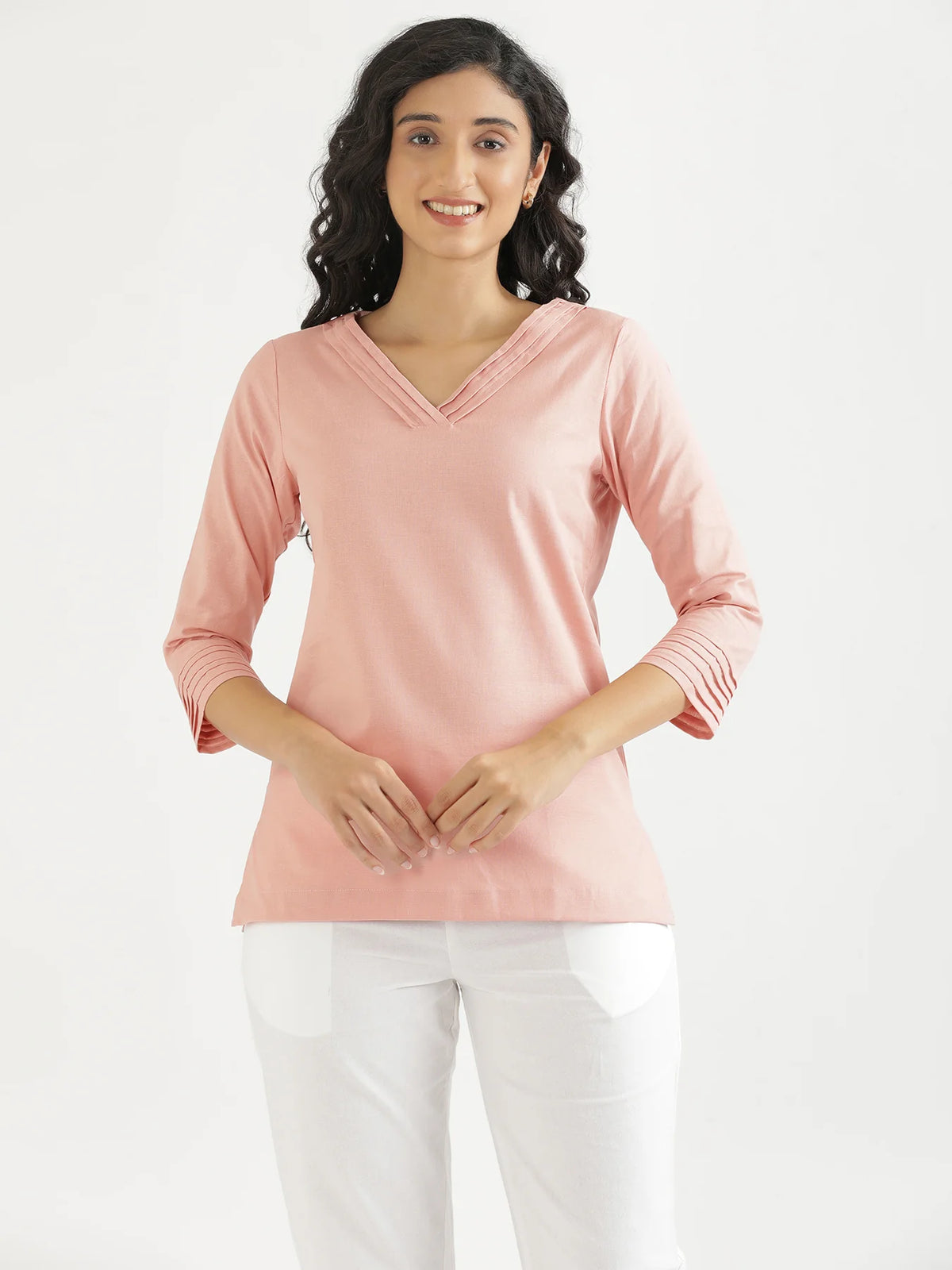 Women Salmon Pink Airy Linen V-Neck Short Kurta