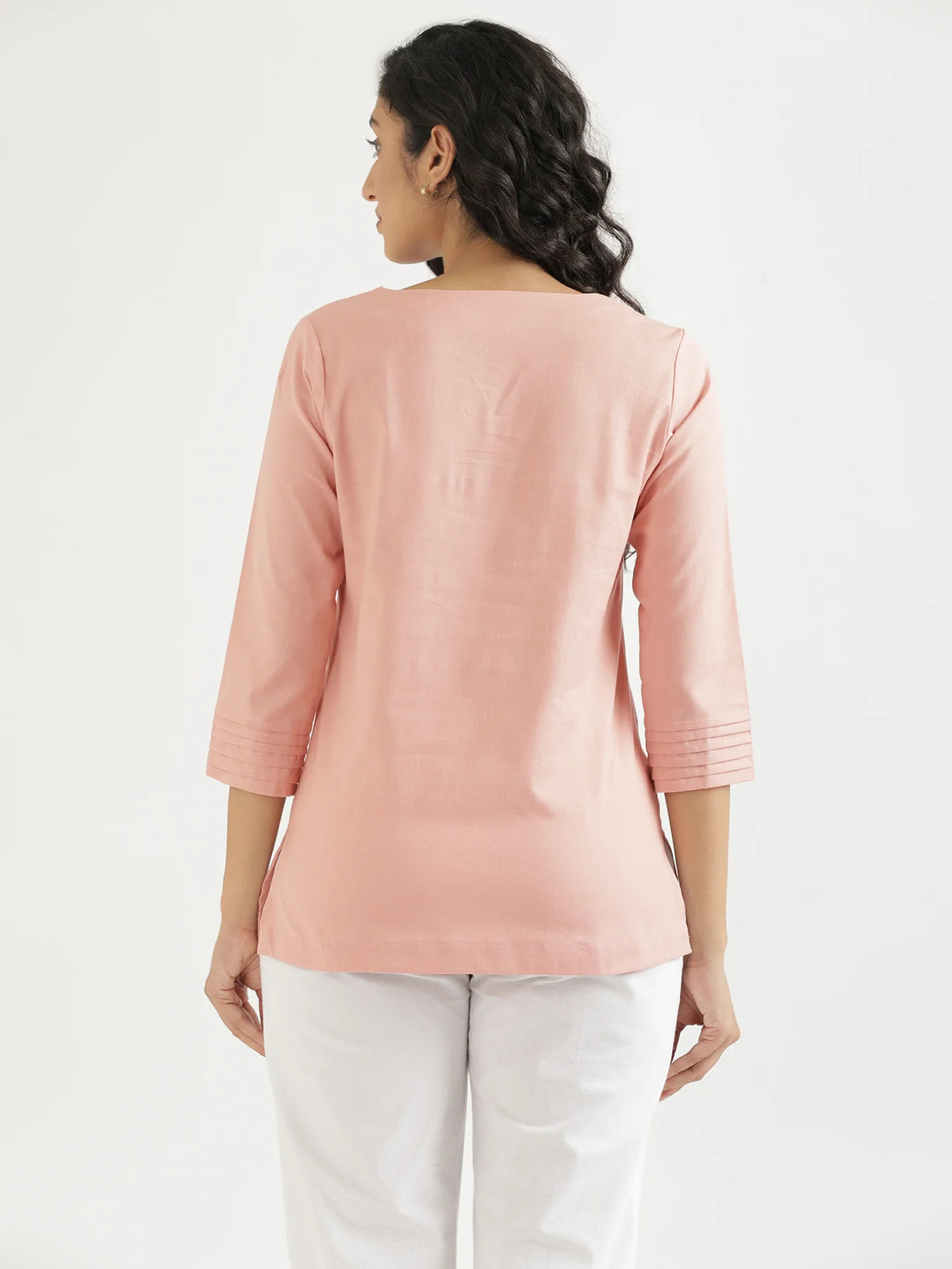 Women Salmon Pink Airy Linen V-Neck Short Kurta