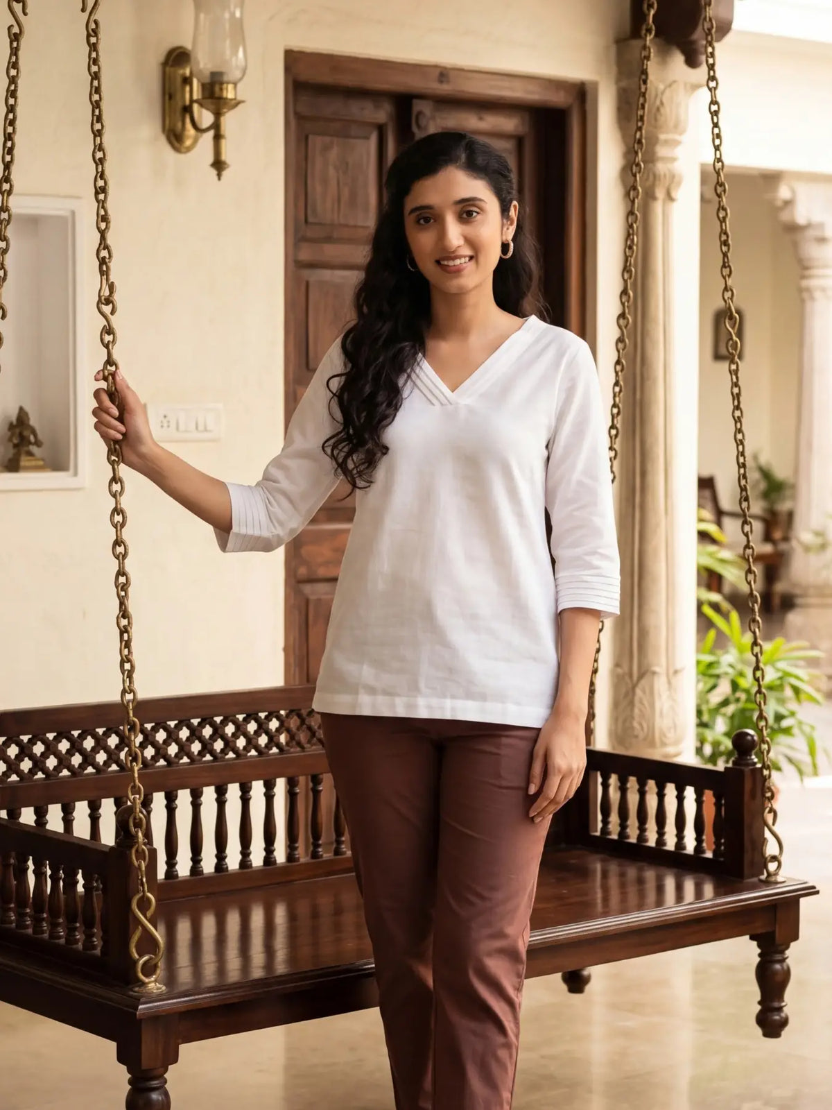 Women White Airy Linen V-Neck Short Kurta