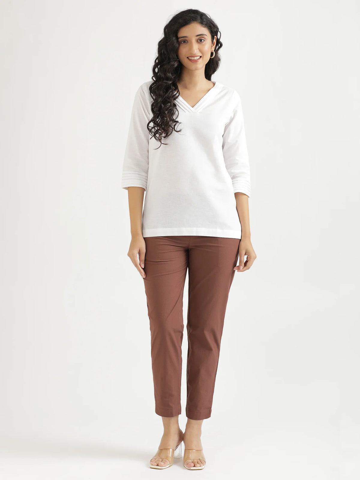 Women White Airy Linen V-Neck Short Kurta