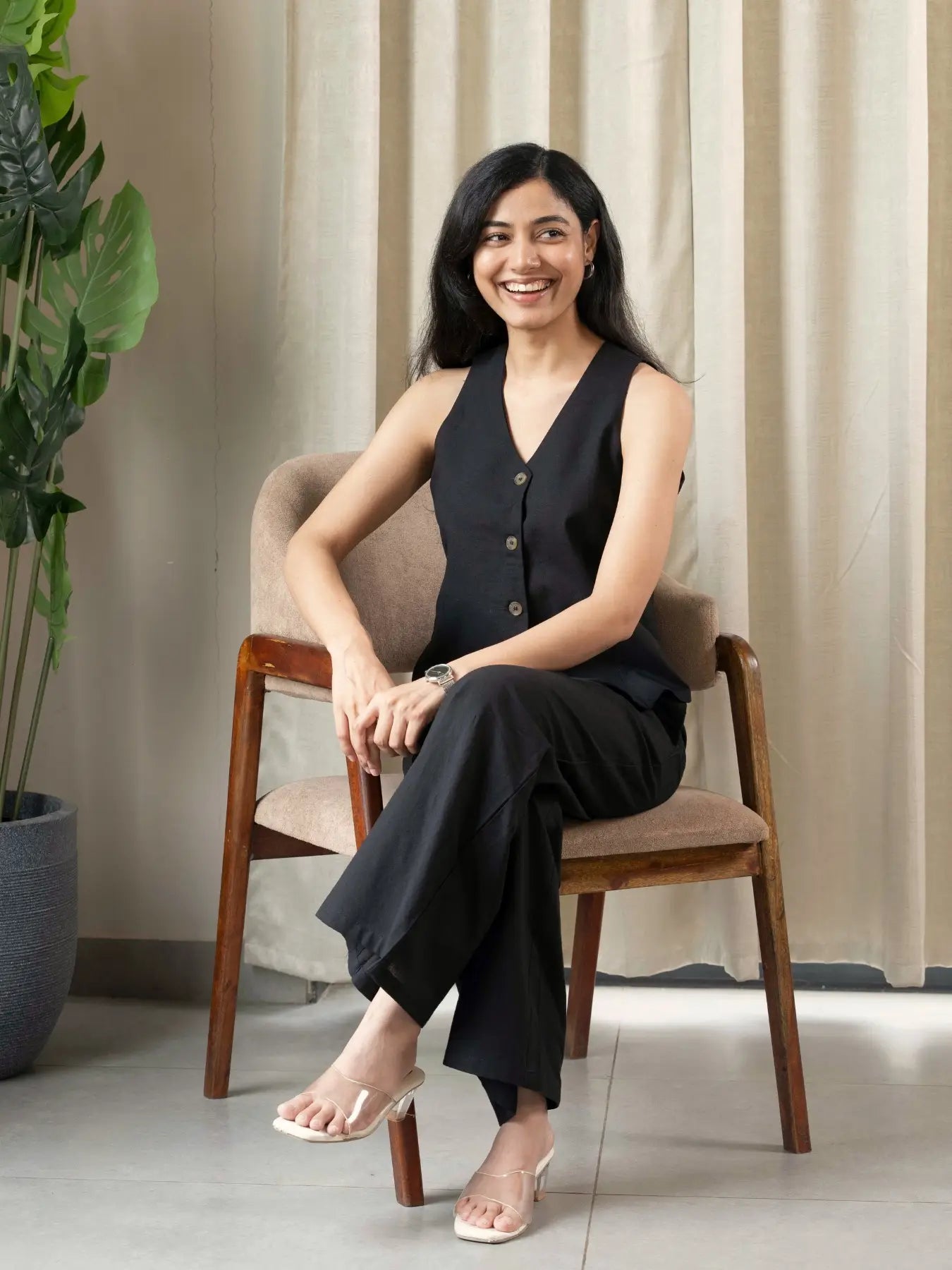 Women Black Airy Linen Waist Coat