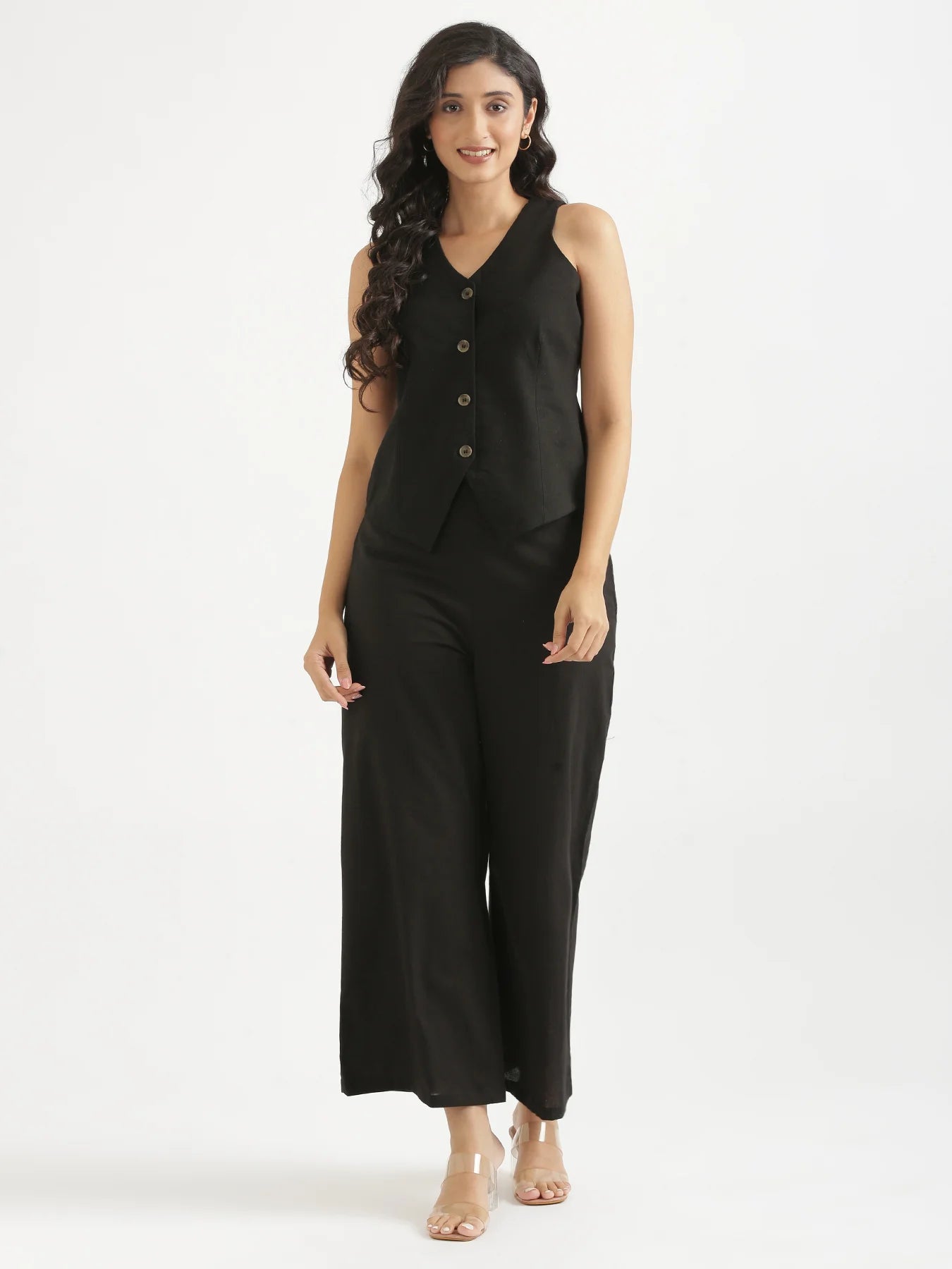 Women Black Airy Linen Waist Coat