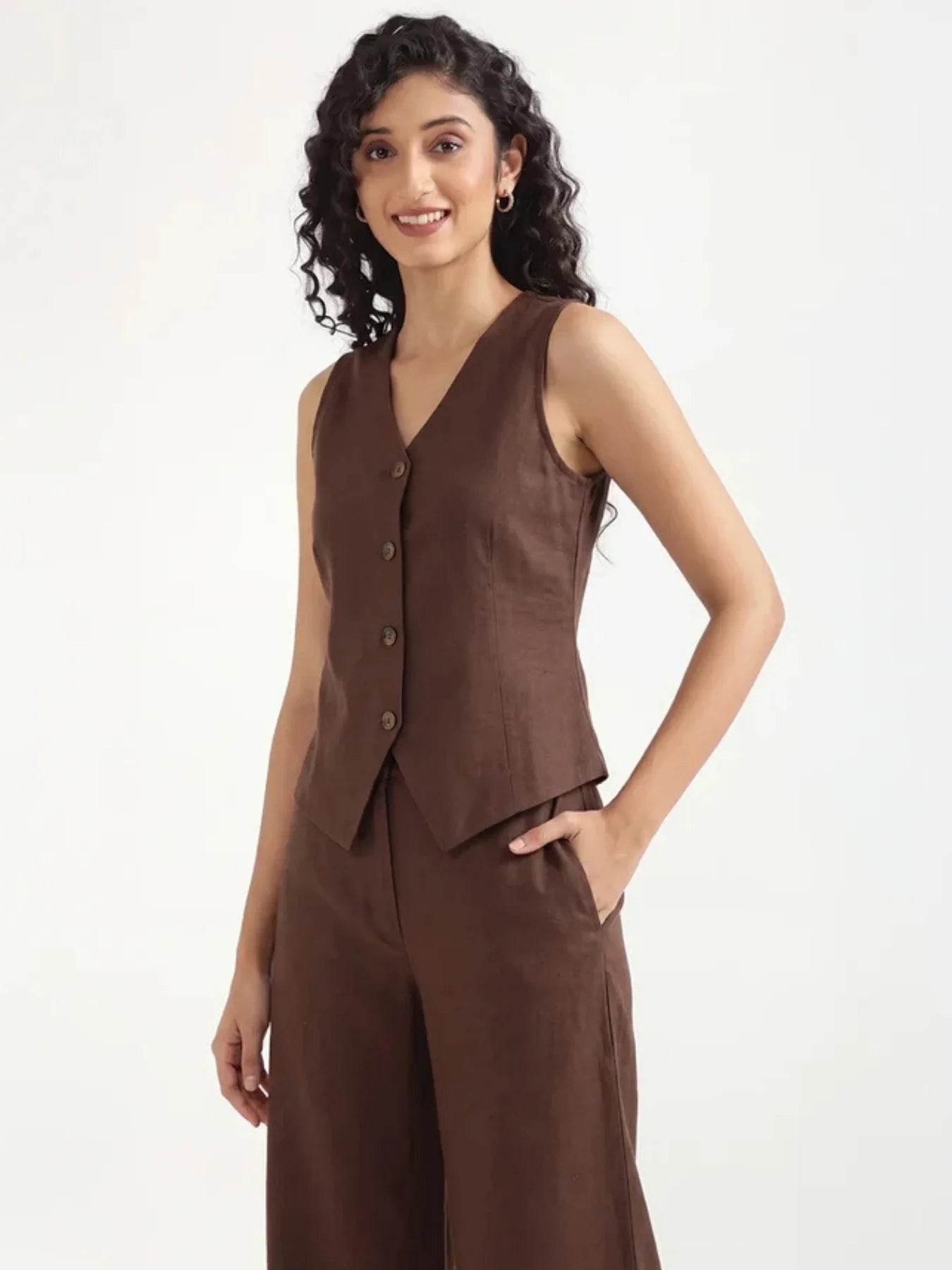 Women Dark Brown Airy Linen Waist Coat