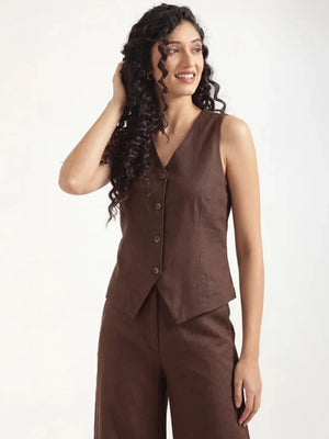 Women Dark Brown Airy Linen Waist Coat