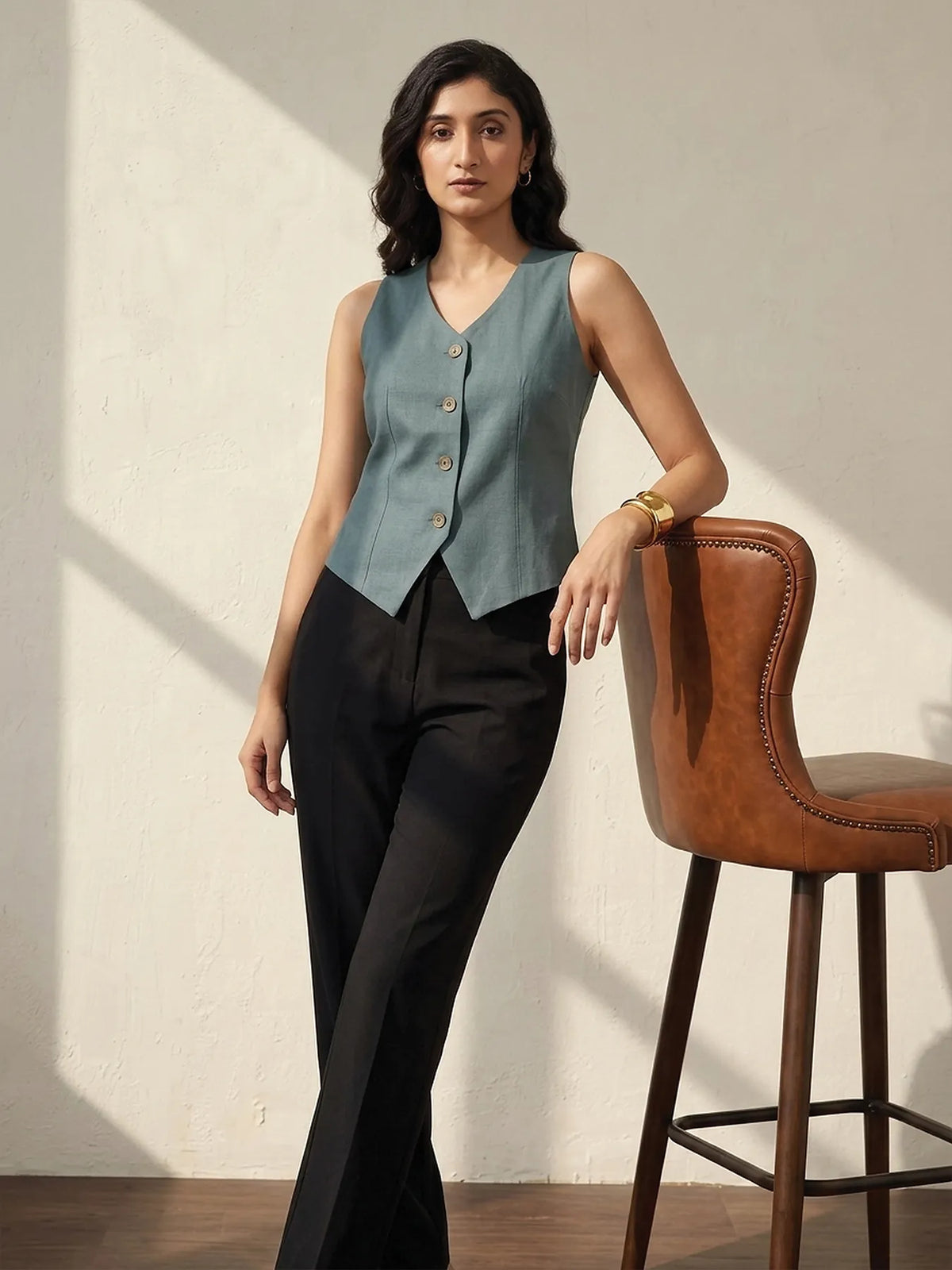 Women German Grey Airy Linen Waist Coat