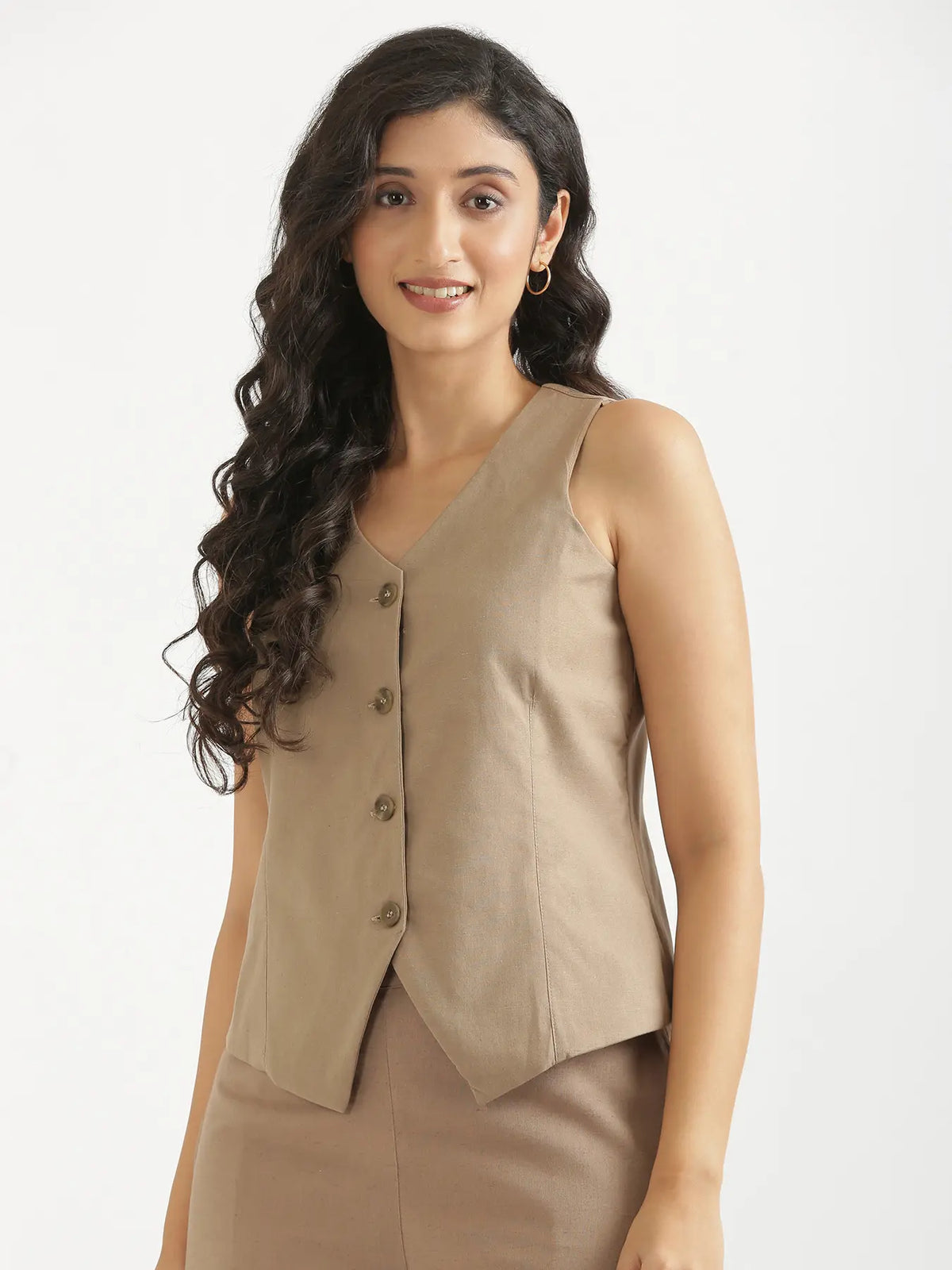 Women Khakhi Airy Linen Waist Coat