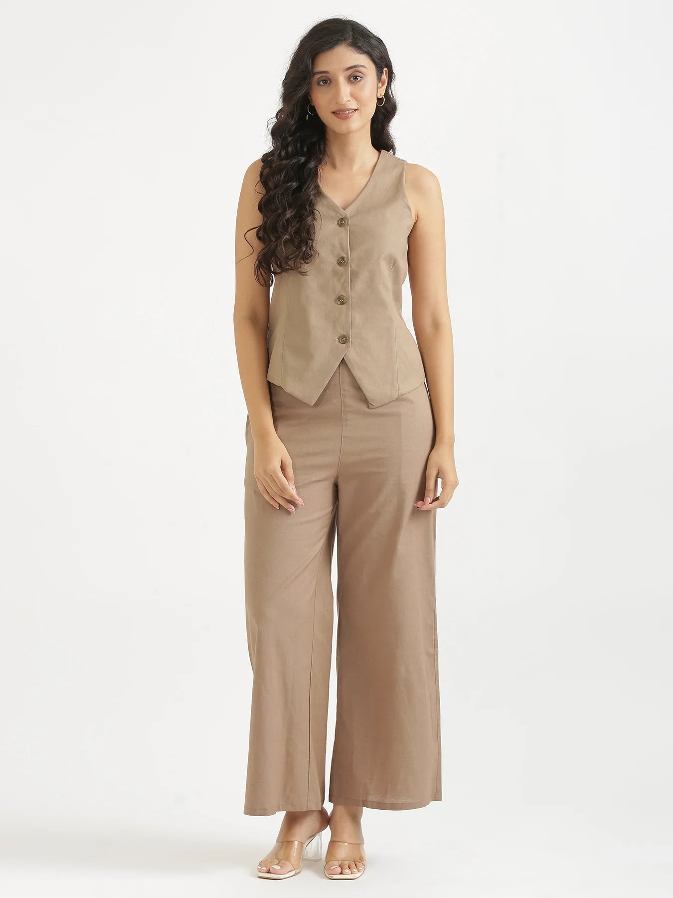 Women Khakhi Airy Linen Waist Coat