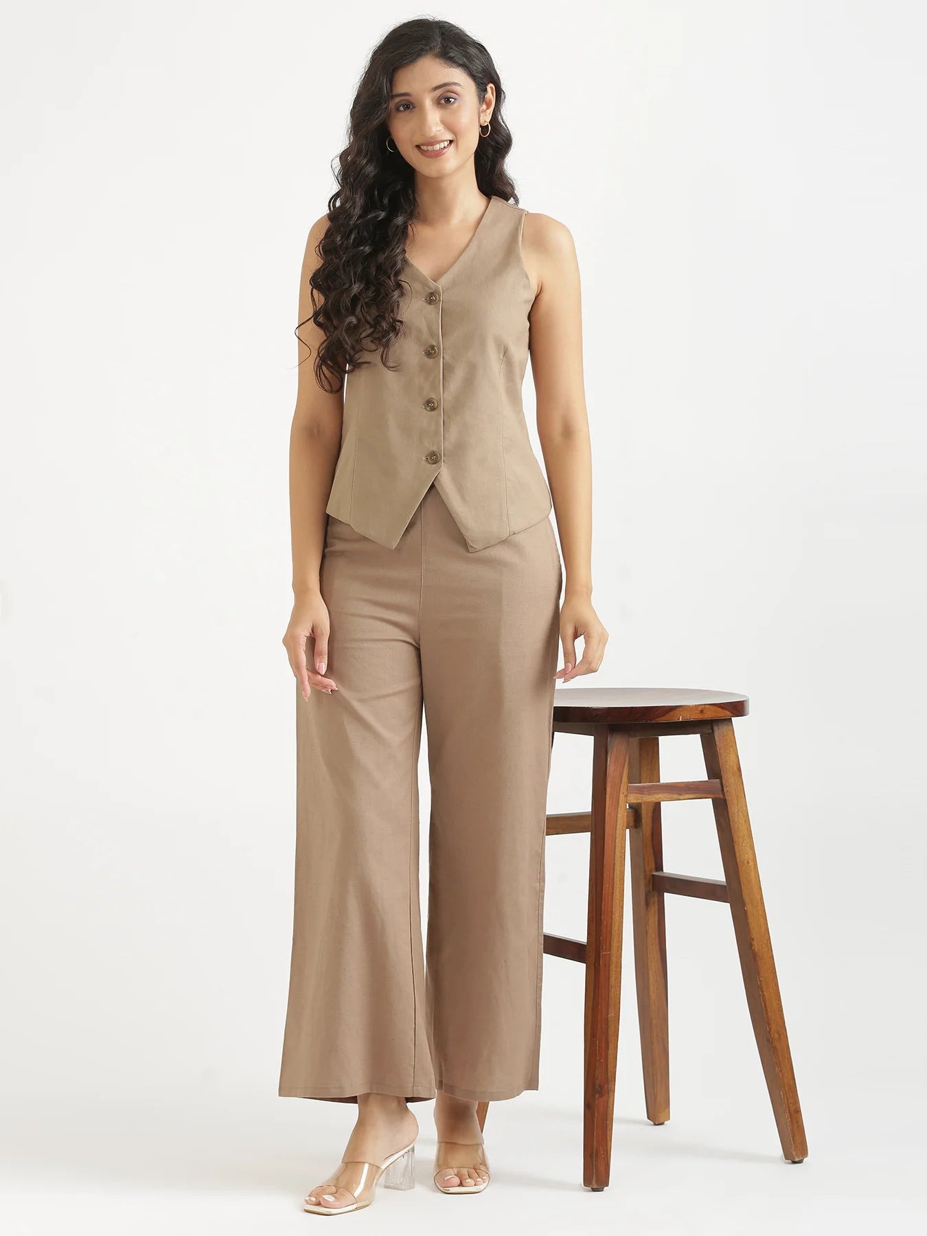 Women Khakhi Airy Linen Waist Coat