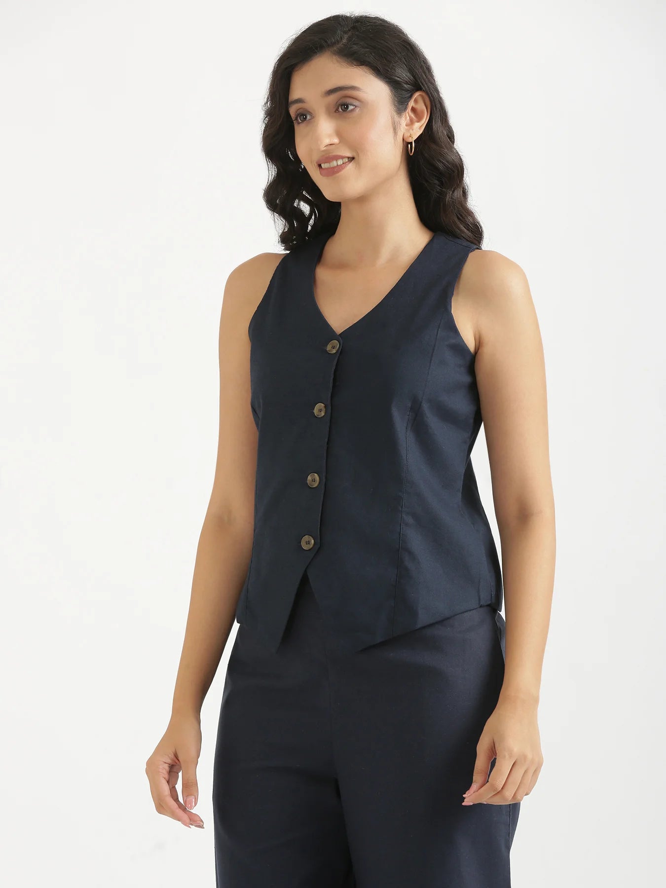 Women Navy Blue Airy Linen Waist Coat