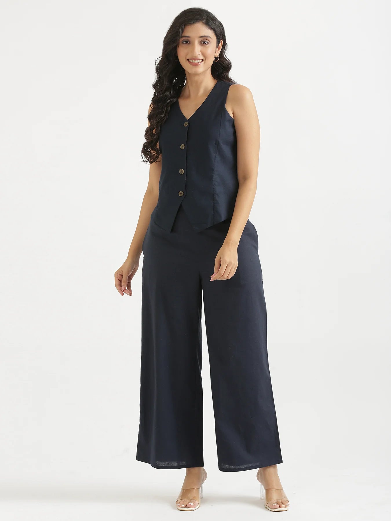 Women Navy Blue Airy Linen Waist Coat