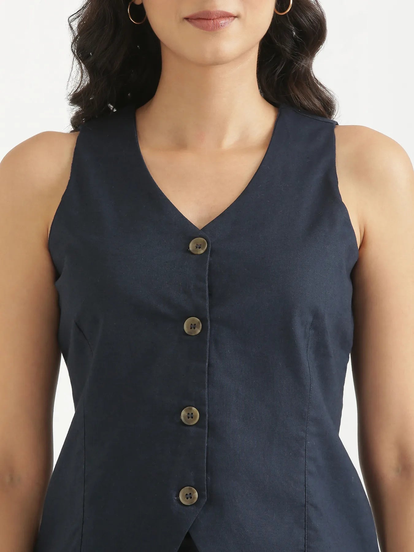 Women Navy Blue Airy Linen Waist Coat