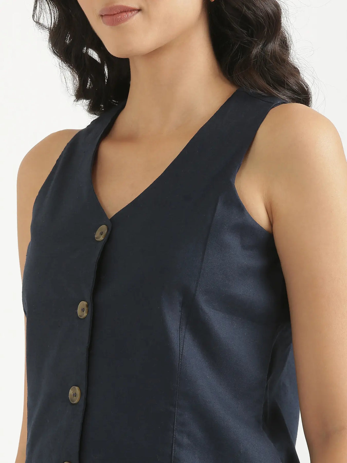 Women Navy Blue Airy Linen Waist Coat