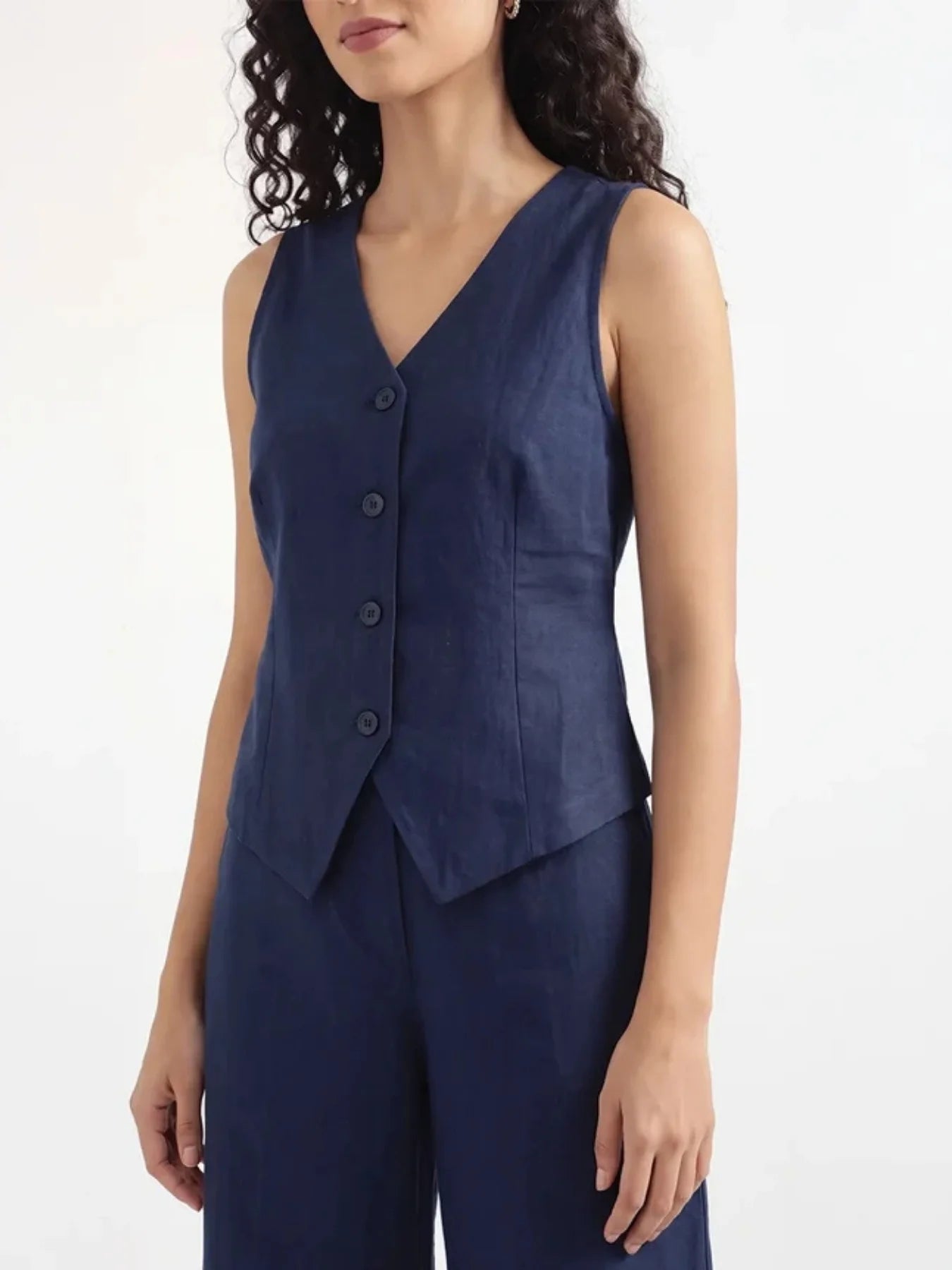 Women Navy Blue Airy Linen Waist Coat