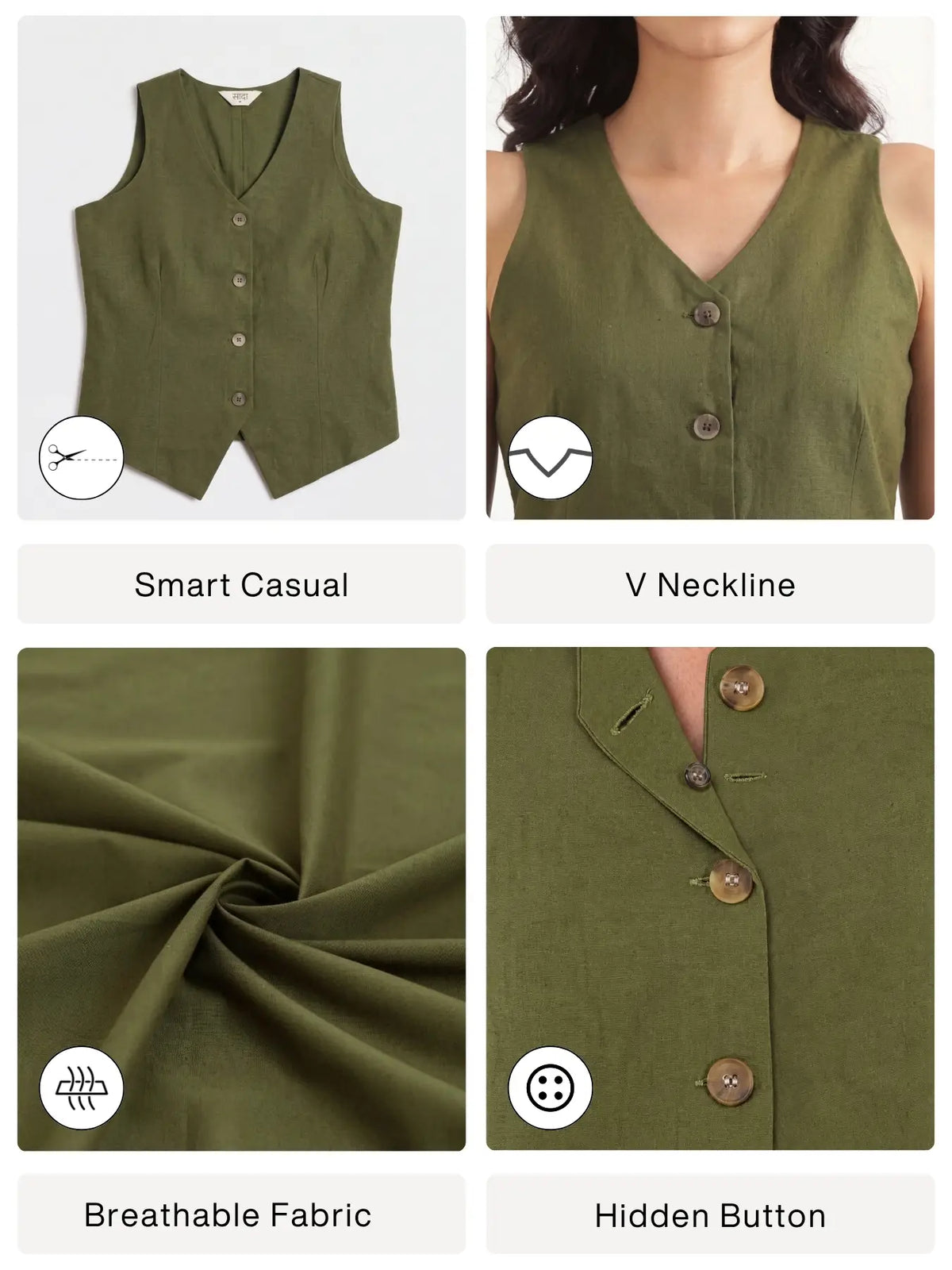 Women Olive Green Airy Linen Waist Coat