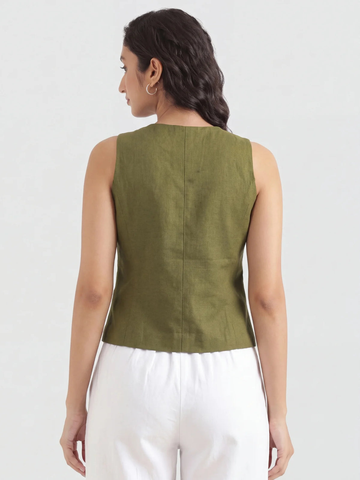 Women Olive Green Airy Linen Waist Coat