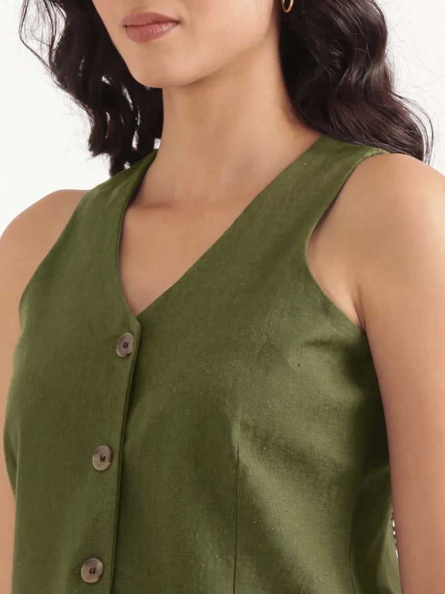 Women Olive Green Airy Linen Waist Coat