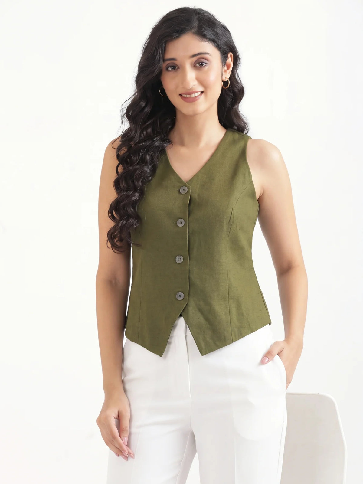 Women Olive Green Airy Linen Waist Coat
