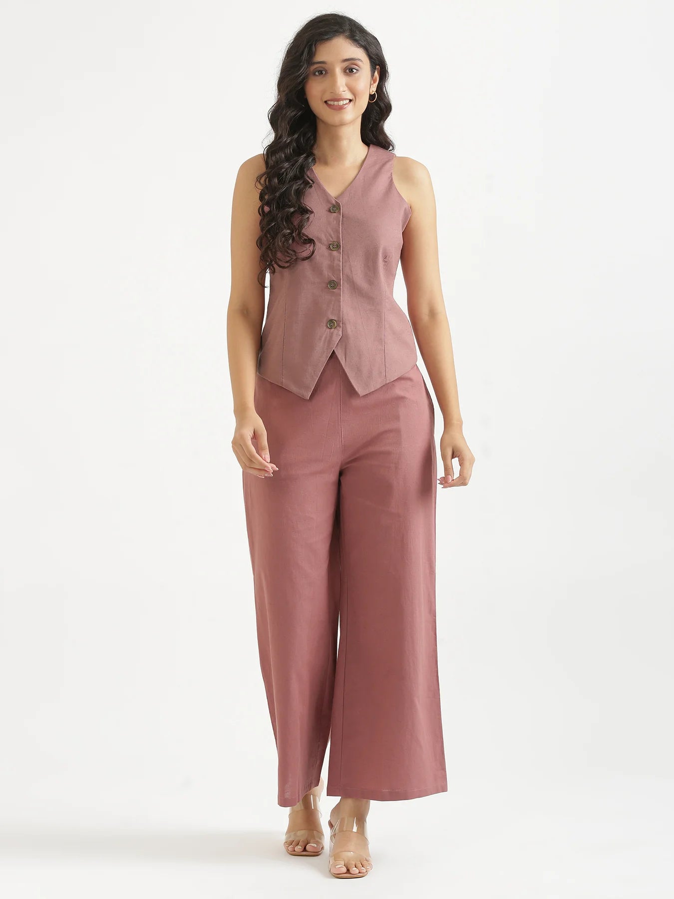 Women Rose Taupe Airy Linen Waist Coat