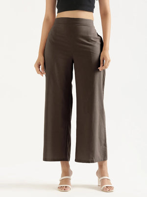 Women Dark Brown Airy Linen Wide Leg Pant