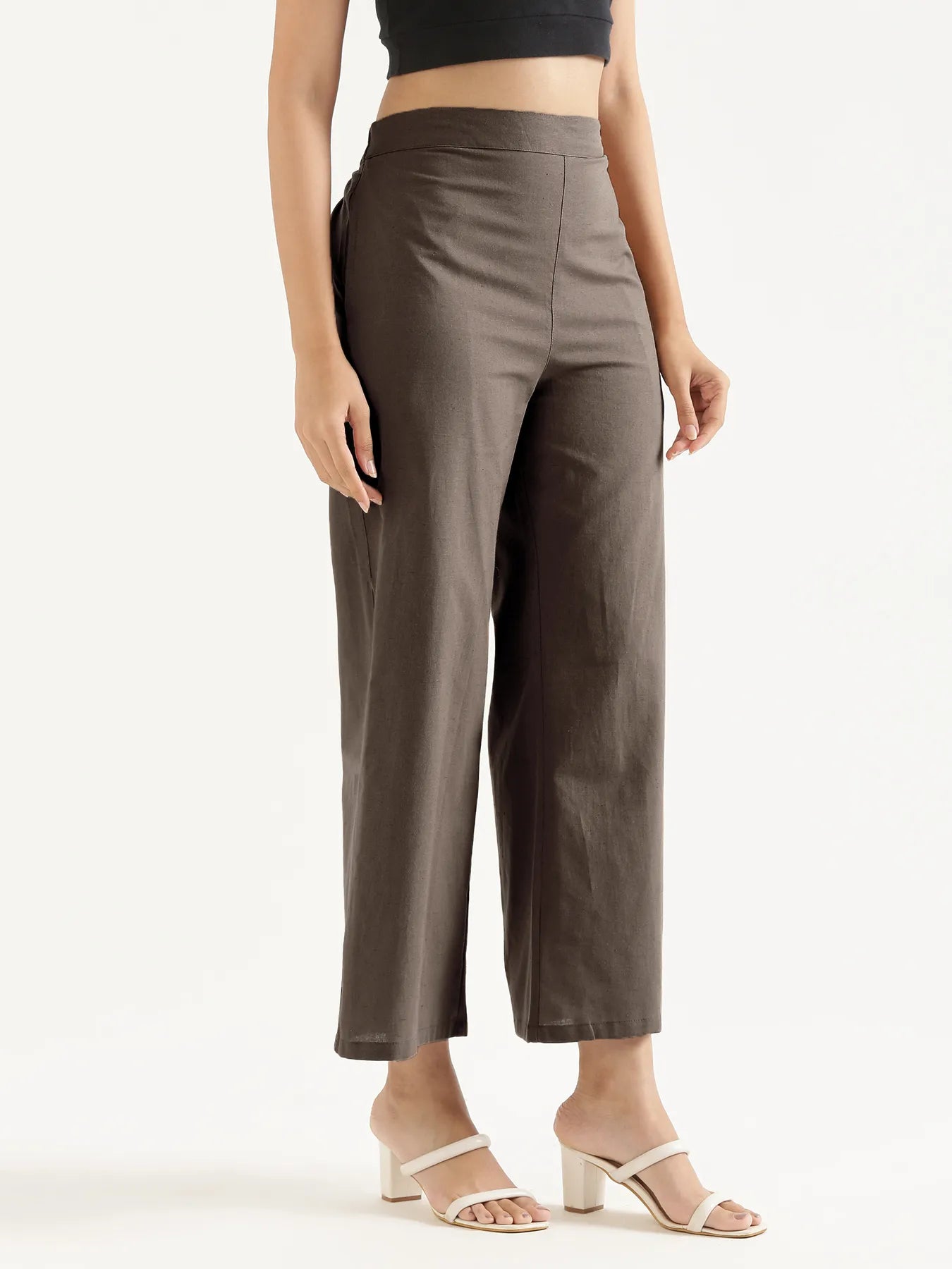 Women Dark Brown Airy Linen Wide Leg Pant