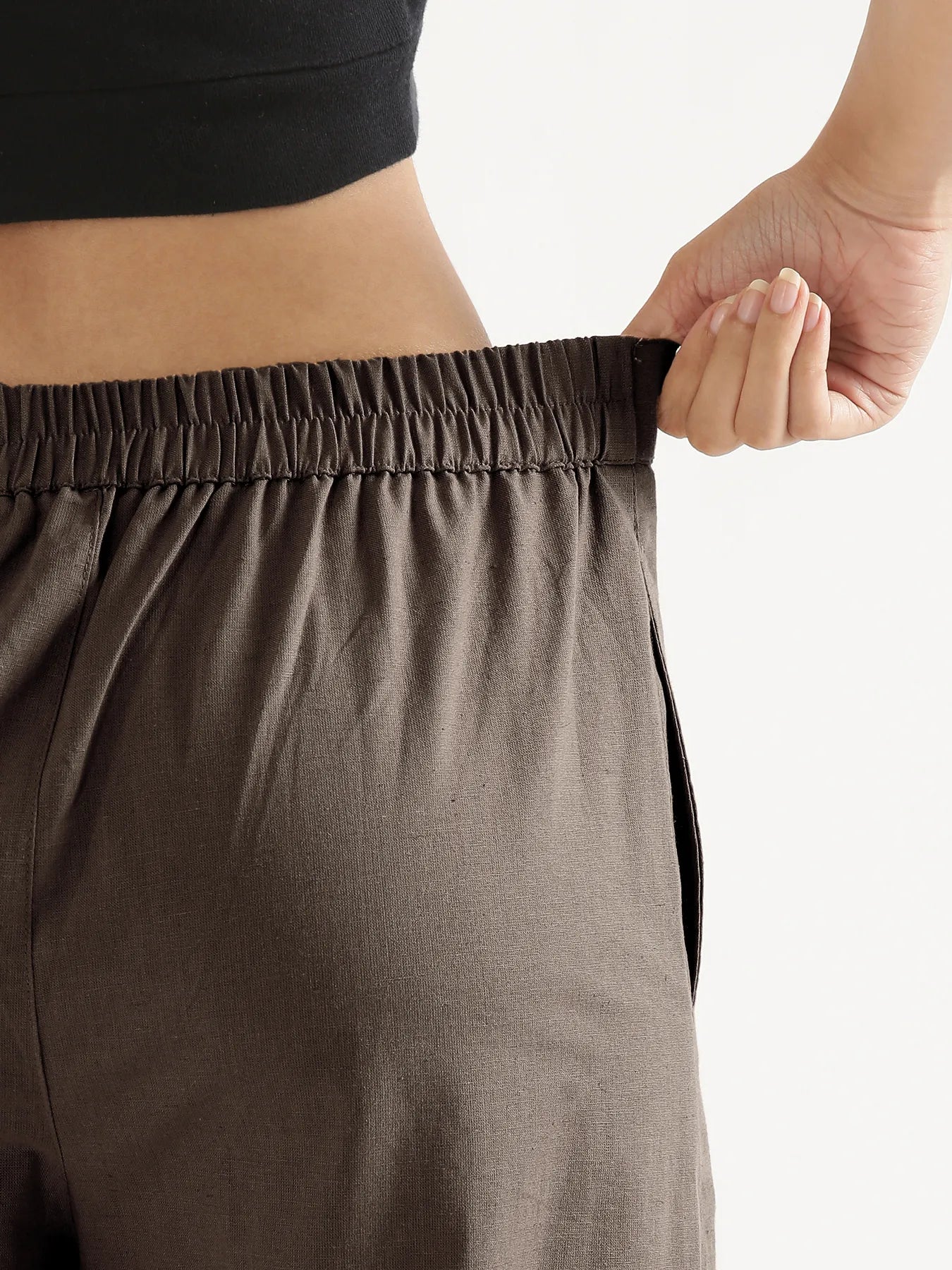 Women Dark Brown Airy Linen Wide Leg Pant