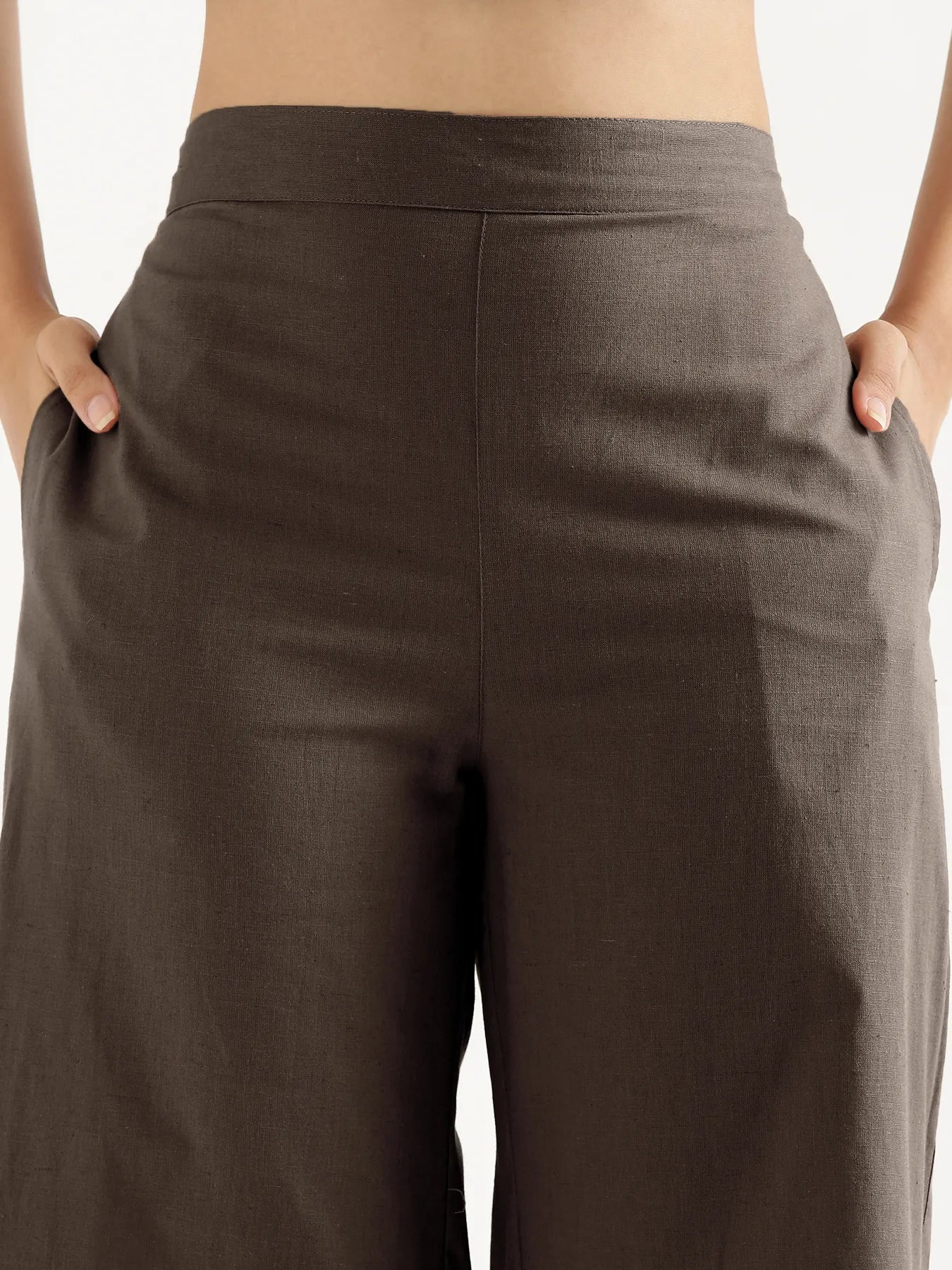 Women Dark Brown Airy Linen Wide Leg Pant