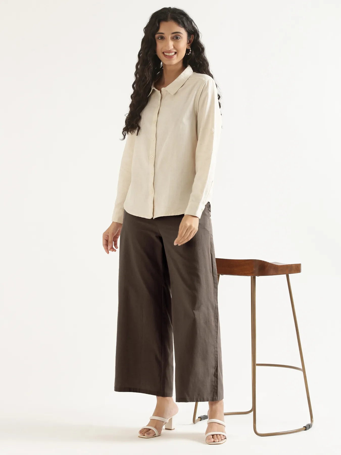 Women Dark Brown Airy Linen Wide Leg Pant