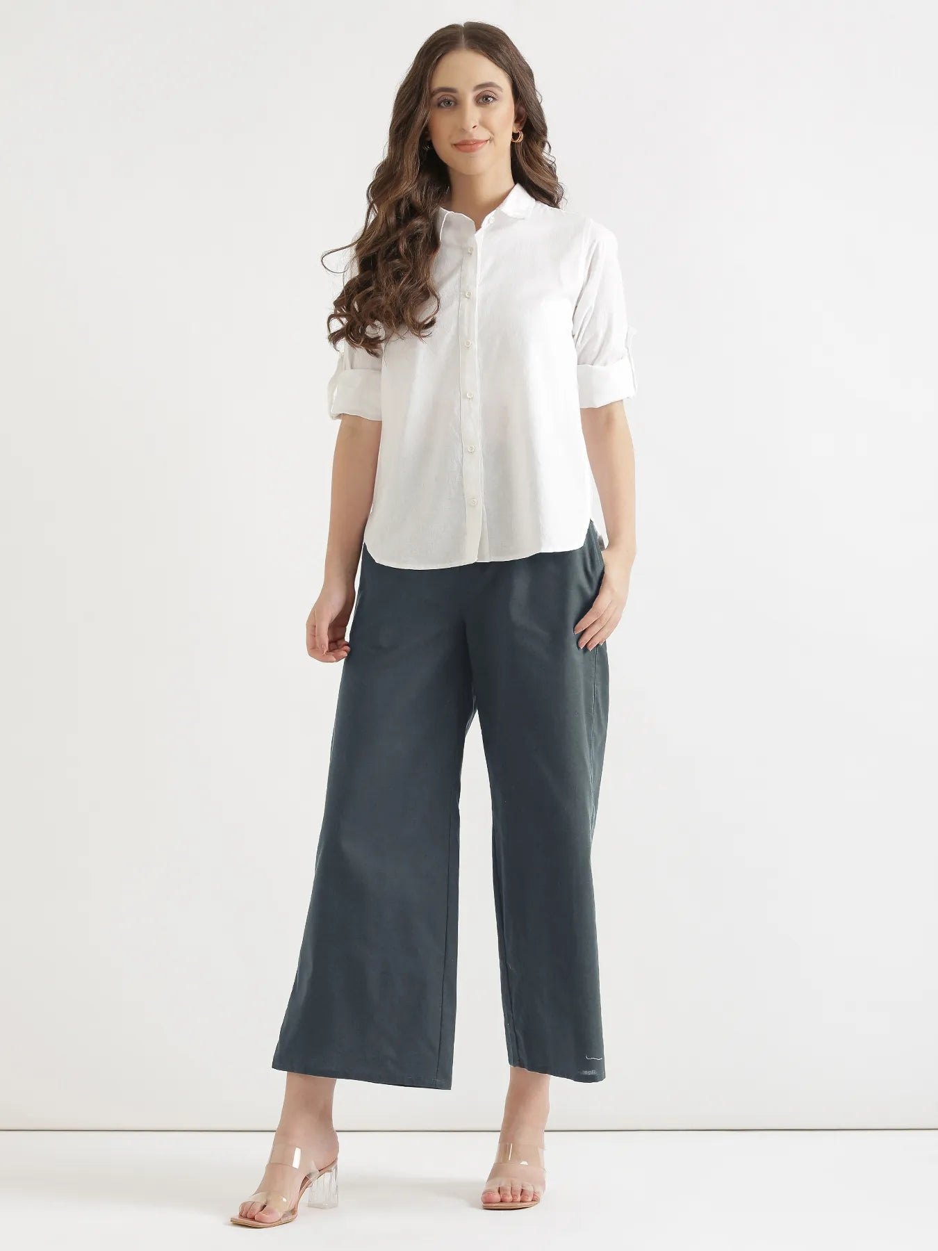 Women German Grey Airy Linen Wide Leg Pant