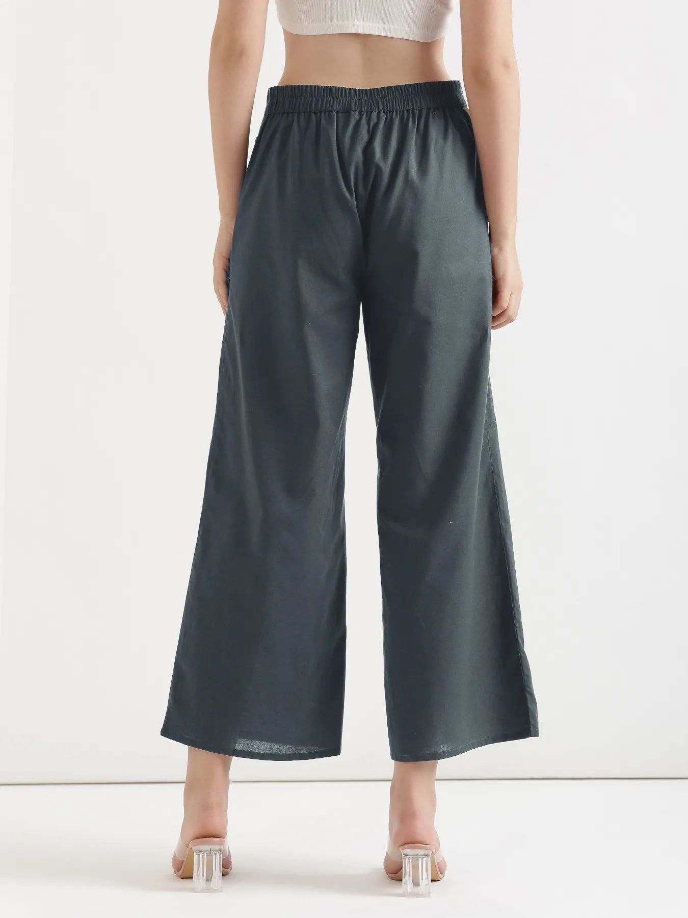 Women German Grey Airy Linen Wide Leg Pant