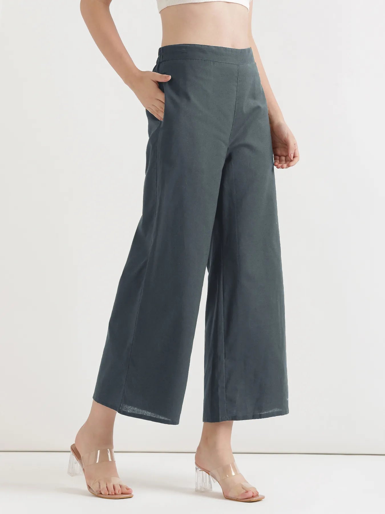Women German Grey Airy Linen Wide Leg Pant