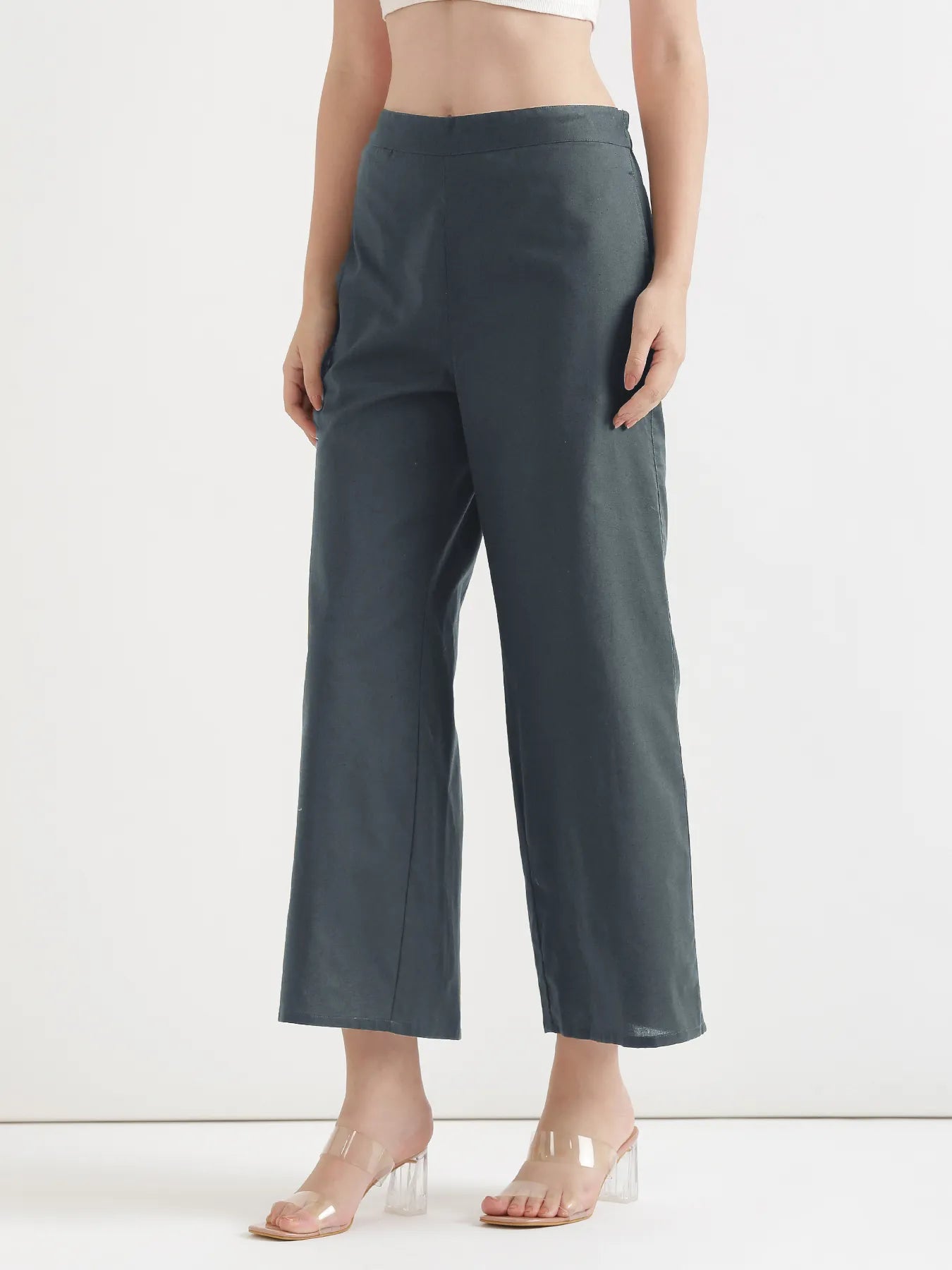 Women German Grey Airy Linen Wide Leg Pant