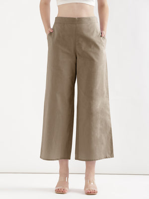 Women Khakhi Airy Linen Wide Leg Pant