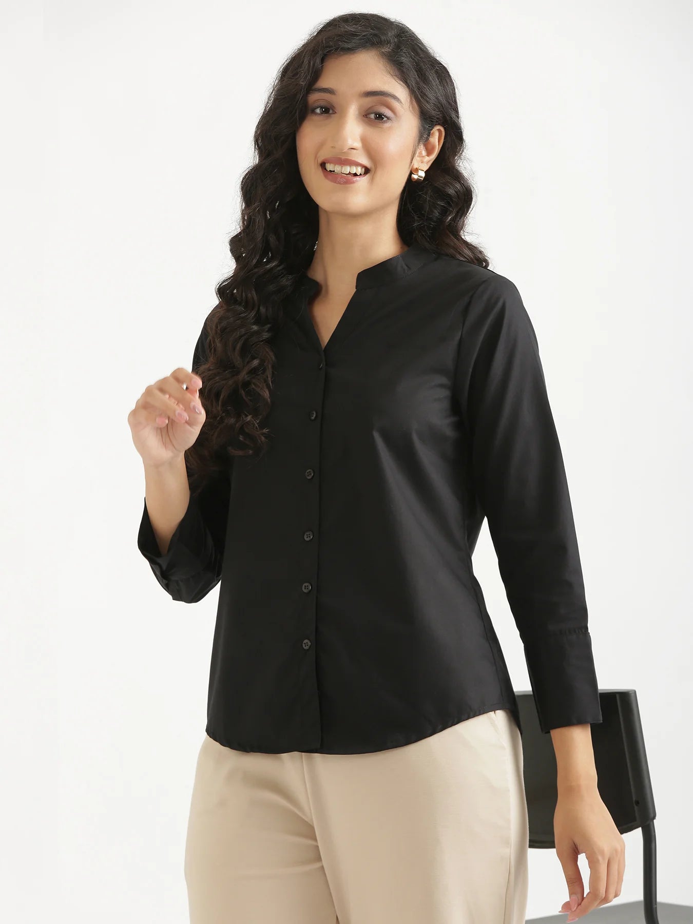 Women Black Better Cotton Mandarin Collar Shirt