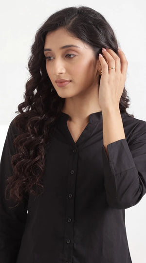 Women Black Better Cotton Mandarin Collar Shirt