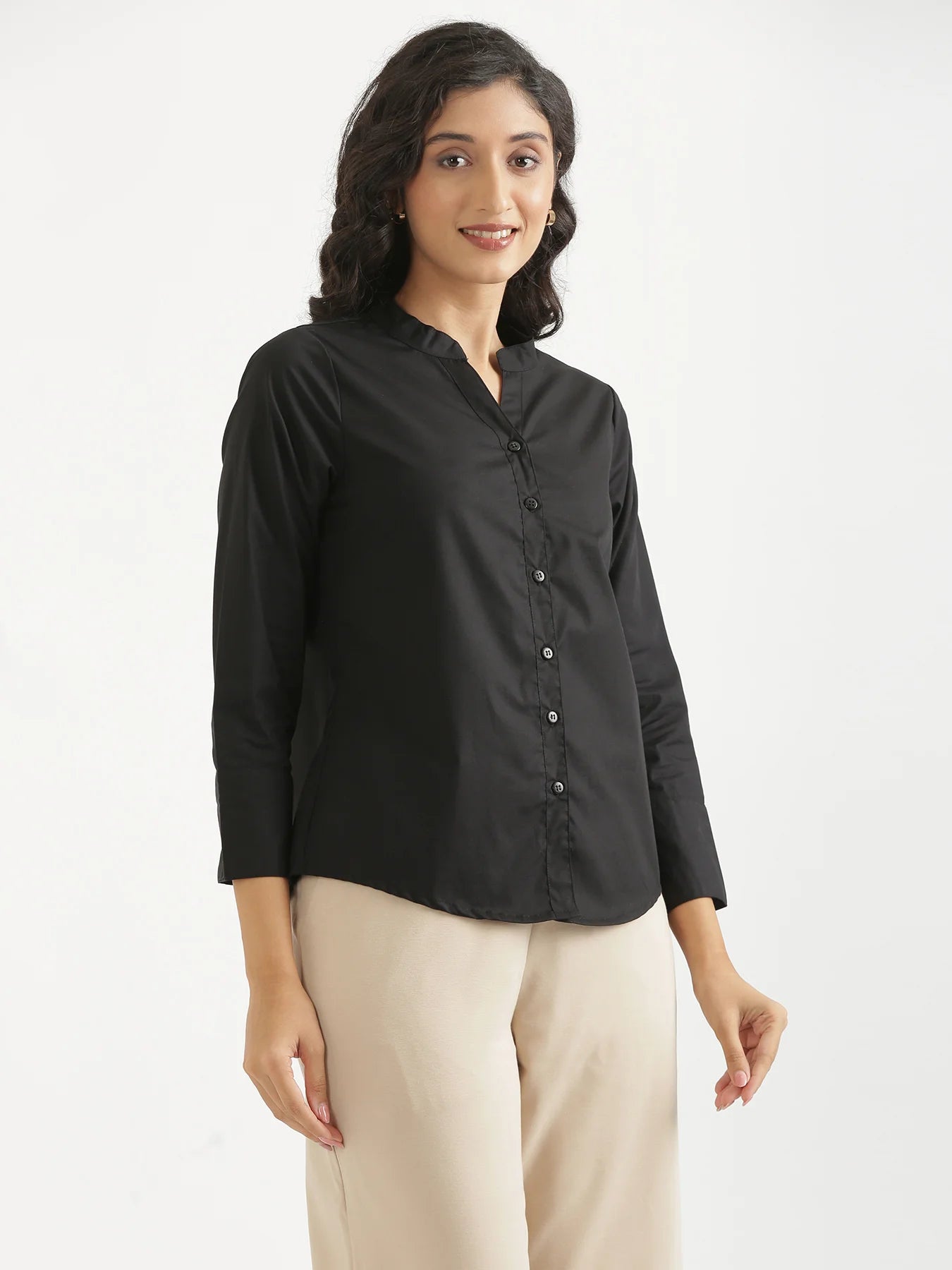 Women Black Better Cotton Mandarin Collar Shirt