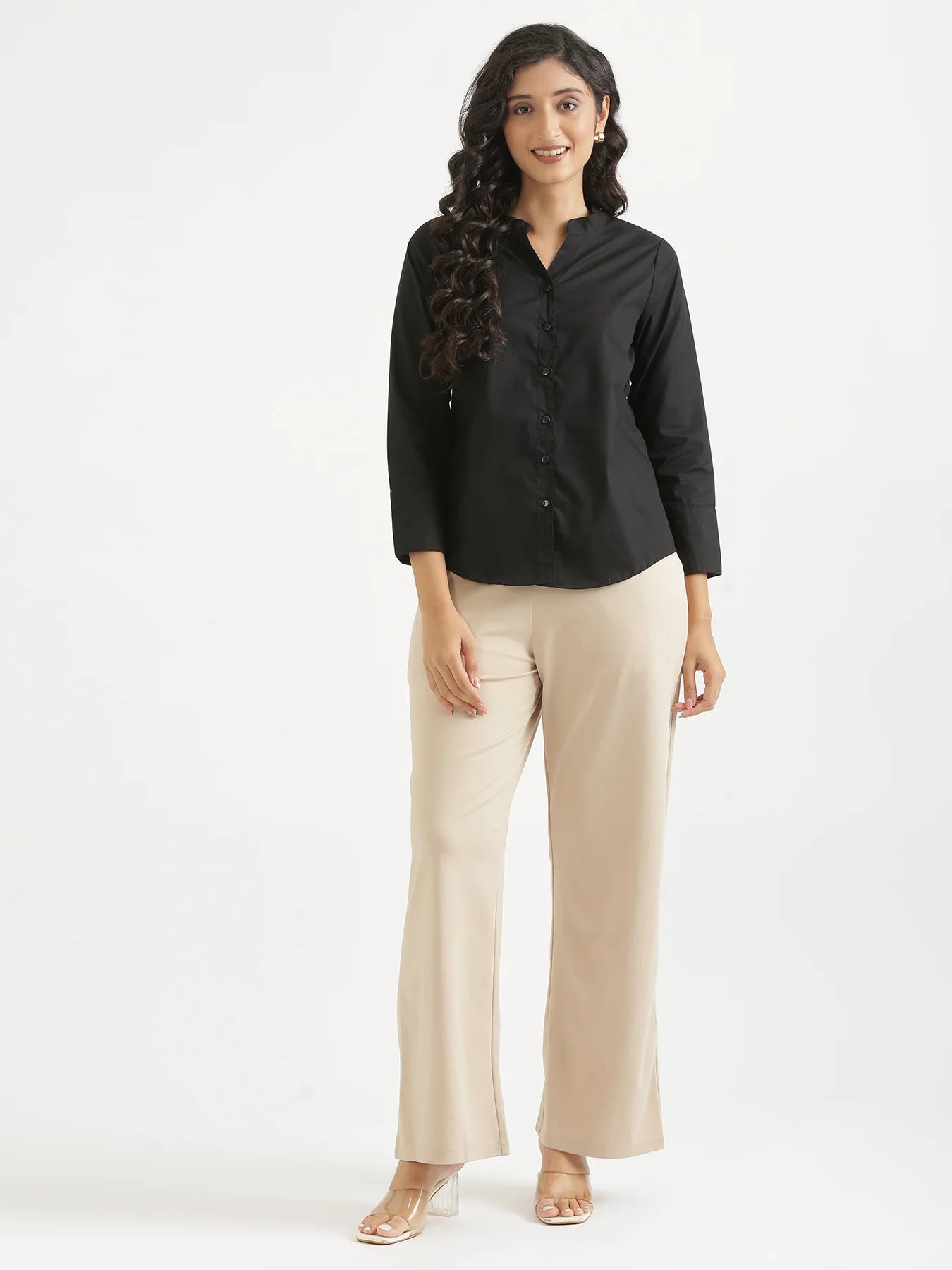 Women Black Better Cotton Mandarin Collar Shirt