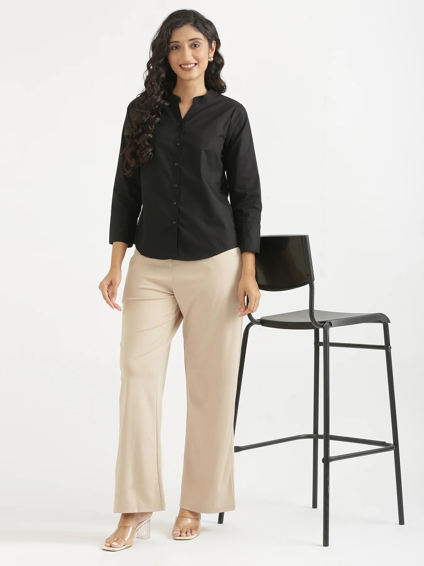 Women Black Better Cotton Mandarin Collar Shirt