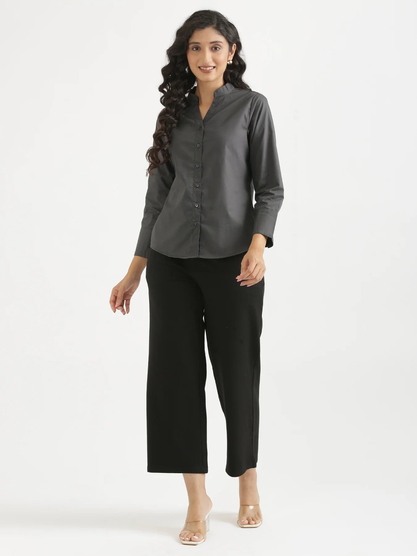 Women Dark Grey Better Cotton Mandarin Collar Shirt