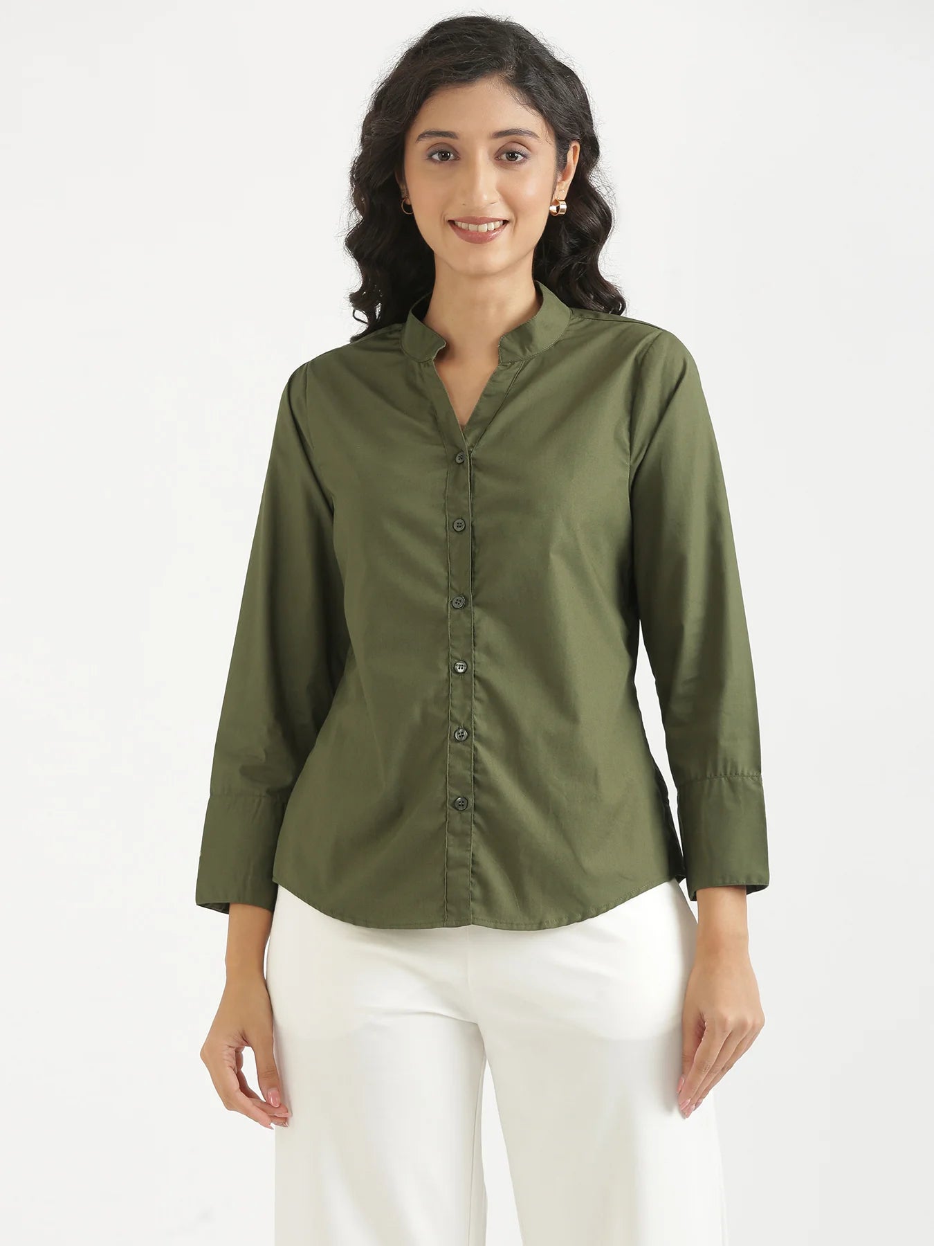 Women Forest Green Better Cotton Mandarin Collar Shirt