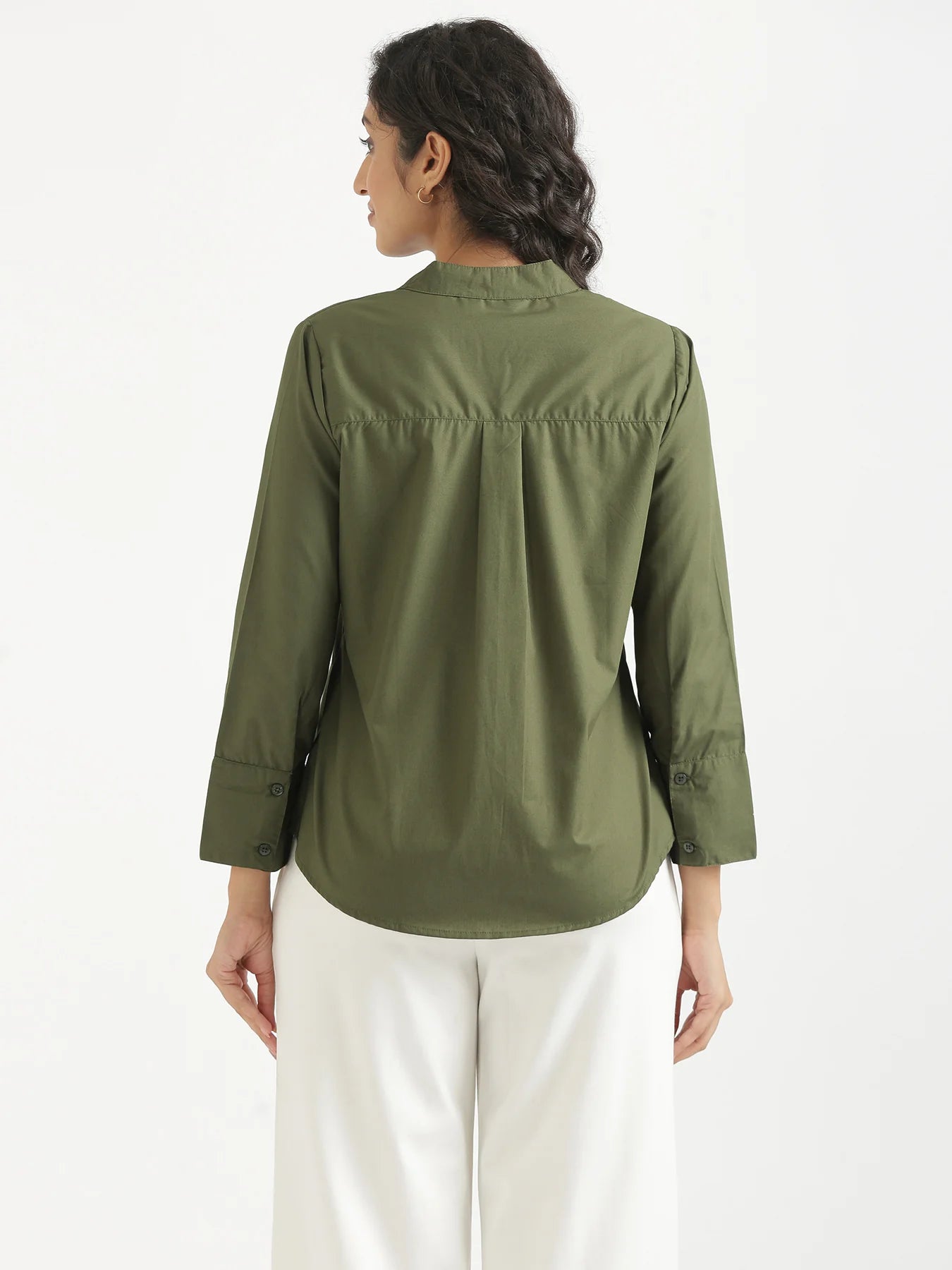 Women Forest Green Better Cotton Mandarin Collar Shirt
